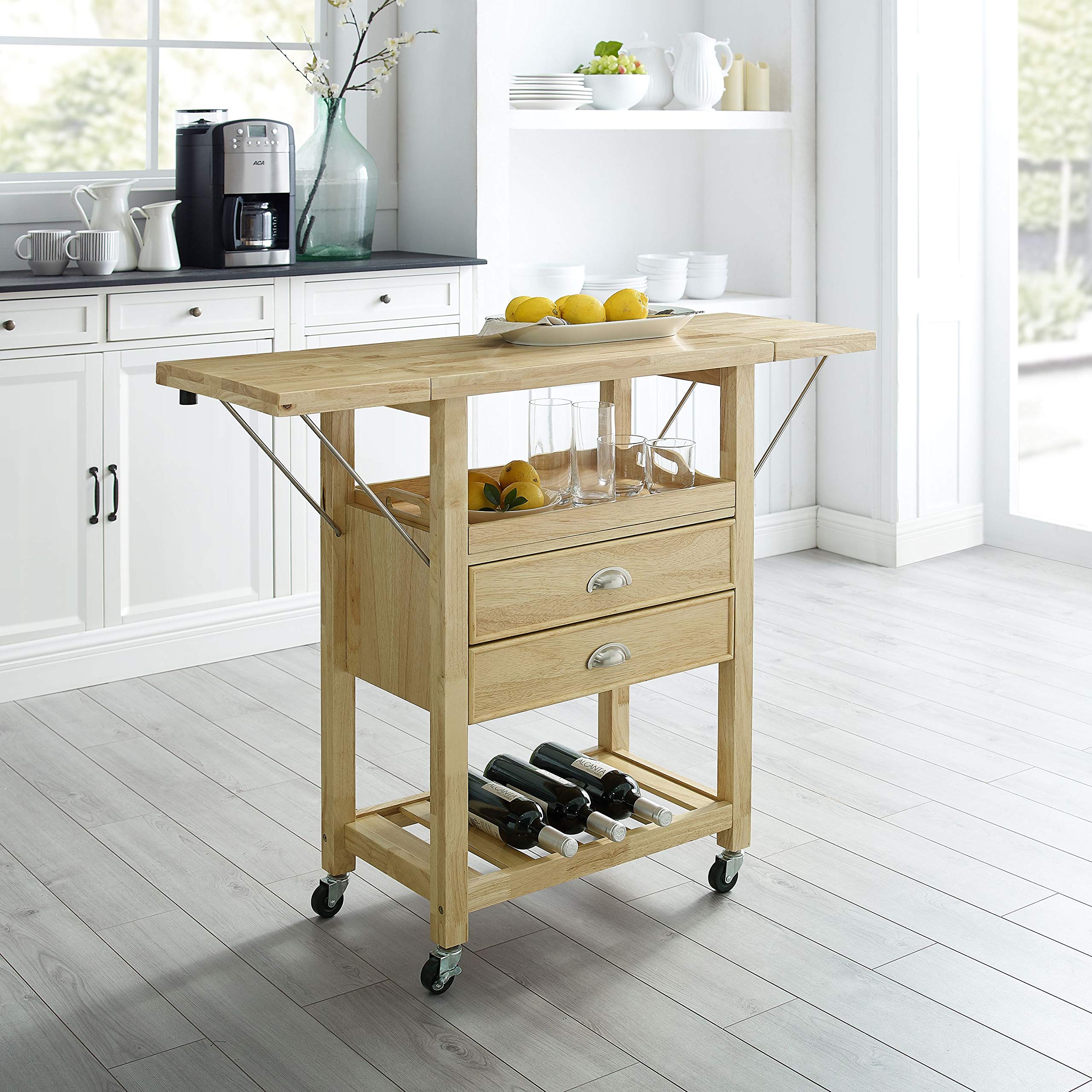 Crosley Bristol Drop Leaf Rolling Kitchen Cart with Serving Tray & Shelves - Microwave Stand, Storage Organizer for Small Spaces, Natural Wood - Perfect for Apartments, Dorms & Compact Kitchens