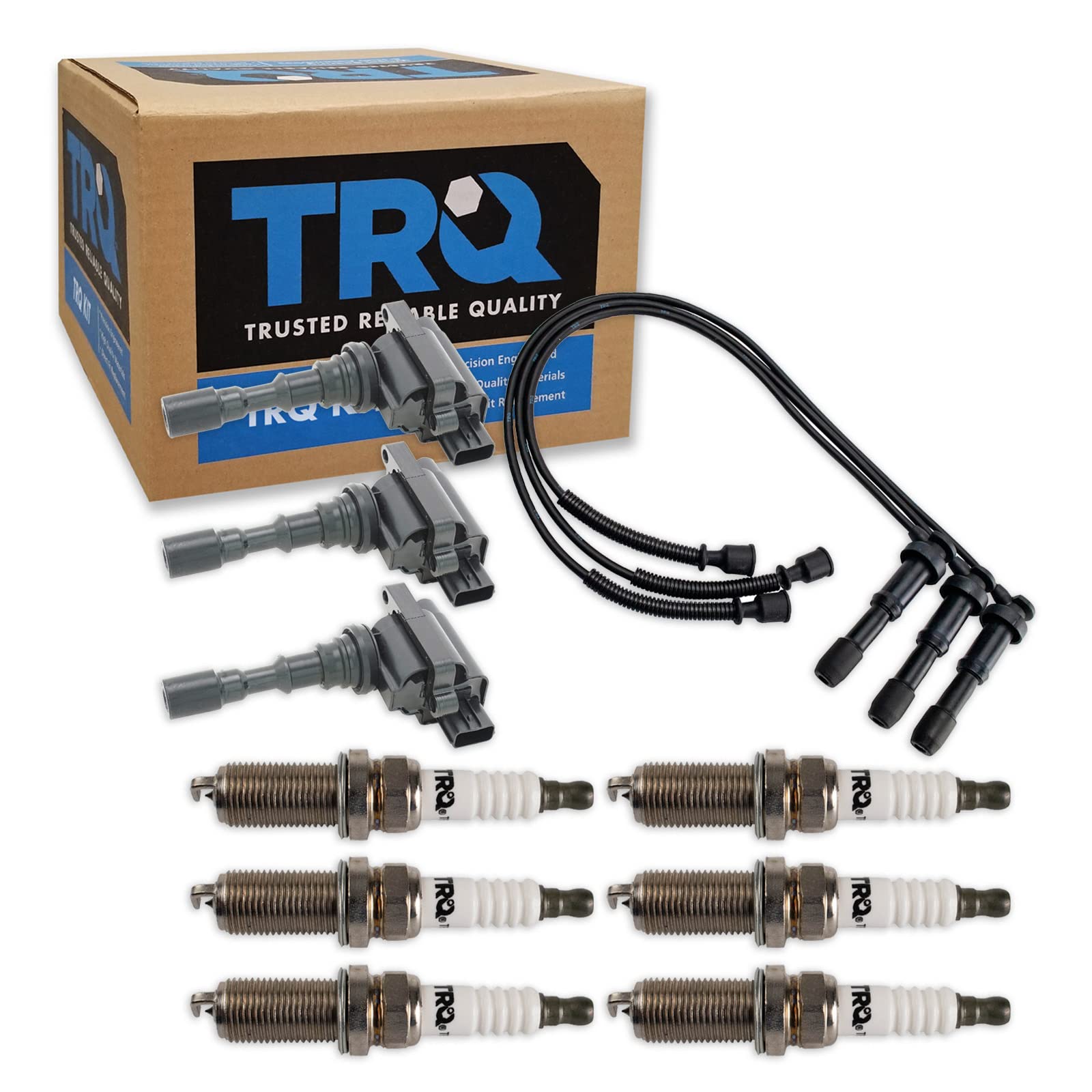 TRQ Ignition Coil & Spark Plug Wire Set Kit - Compatible with 2003-2006 Hyundai Santa Fe, 2003-2005 XG350, 2004-2006 Kia Amanti - High Performance Replacement for Smooth Engine Start & Acceleration