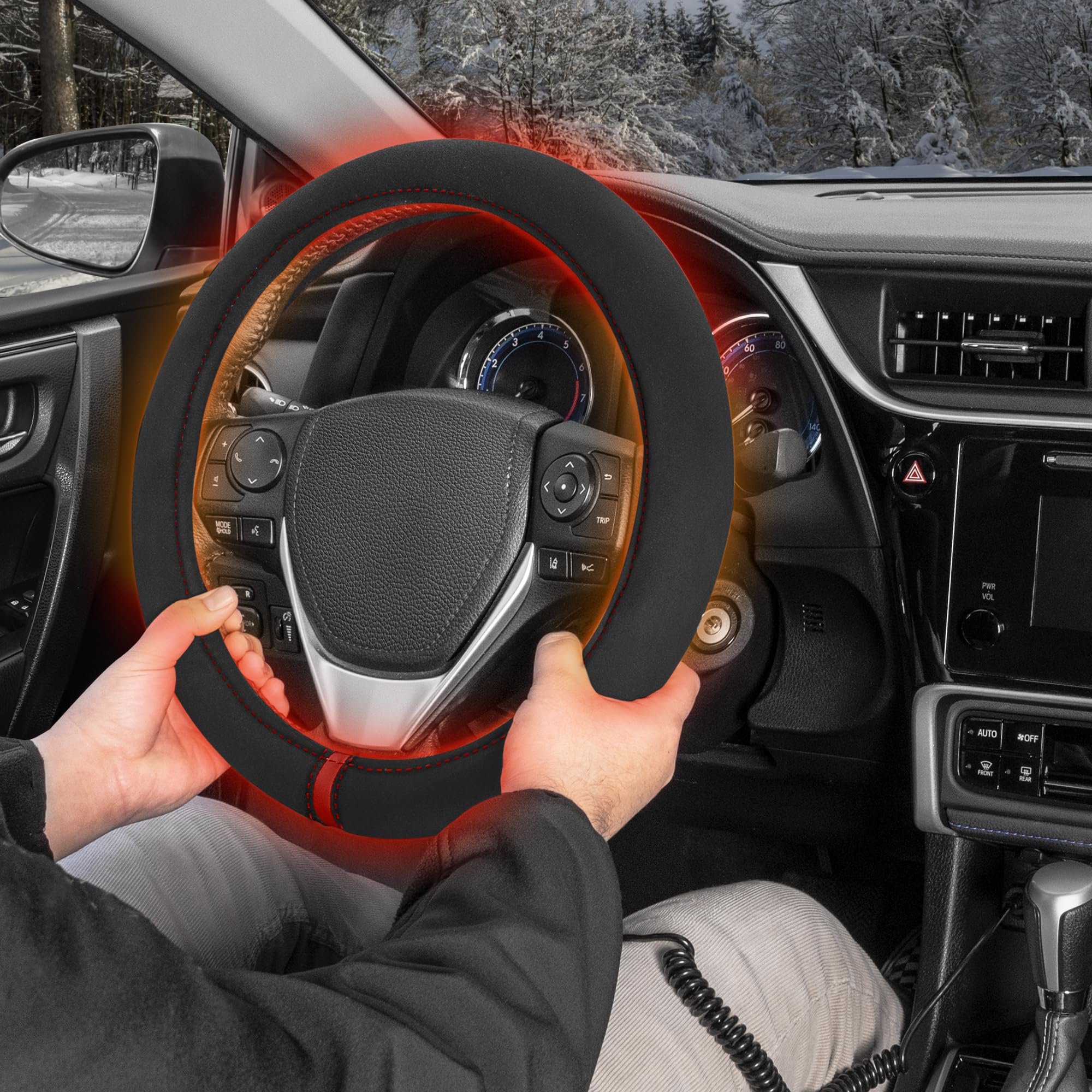 Motor Trend WarmGrip Heated Steering Wheel Cover - Fast Heating Hand Warmer for Cars, Trucks, Vans & SUVs (14.5-15.5 Inch, Black/Gray) - Perfect for Cold Winter Mornings & Long Road Trips