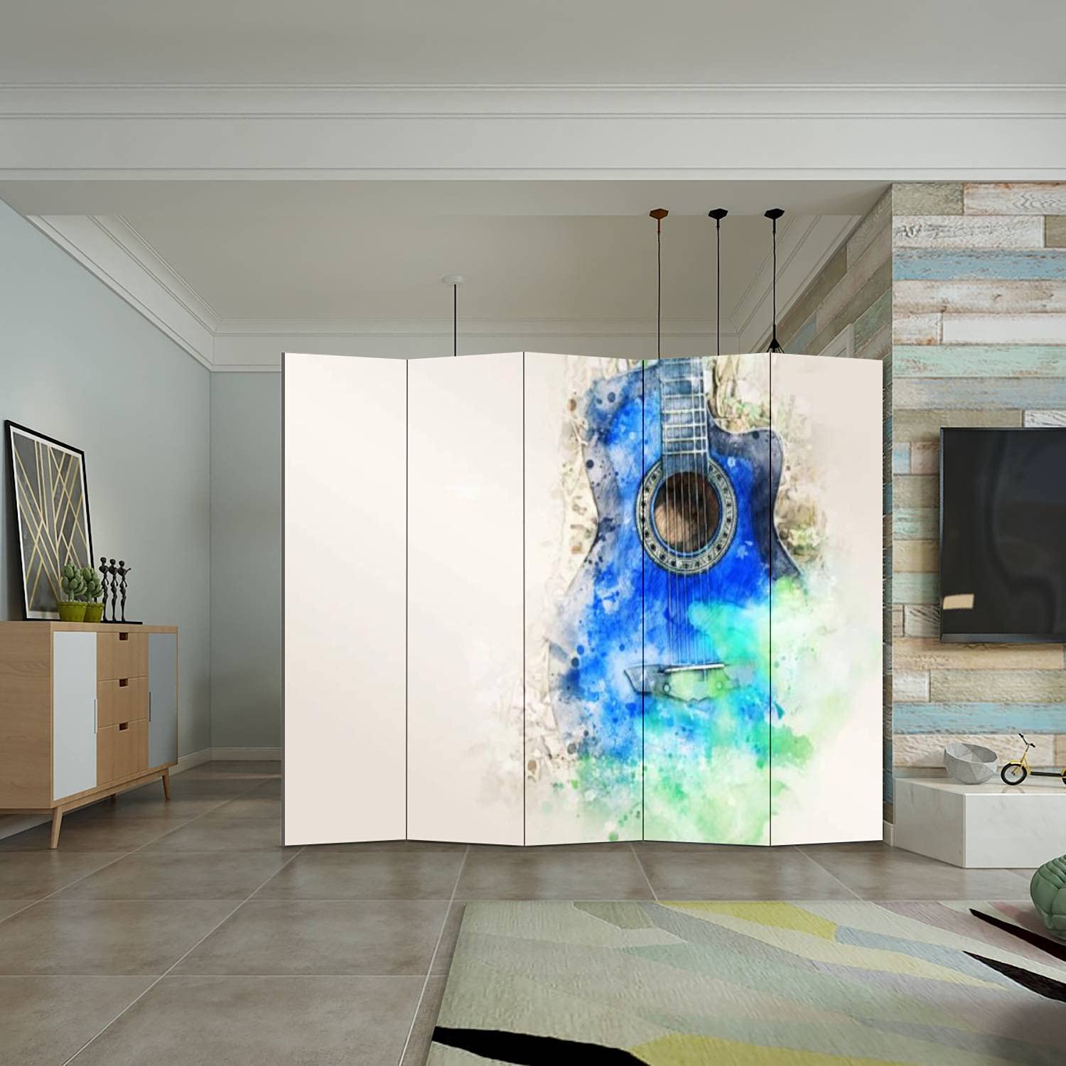 5 Panel Folding Room Divider - Abstract Colorful Acoustic Guitar Design Canvas Privacy Screen for Indoor Space Separation | Perfect for Home Office, Studio, and Bedroom Partition
