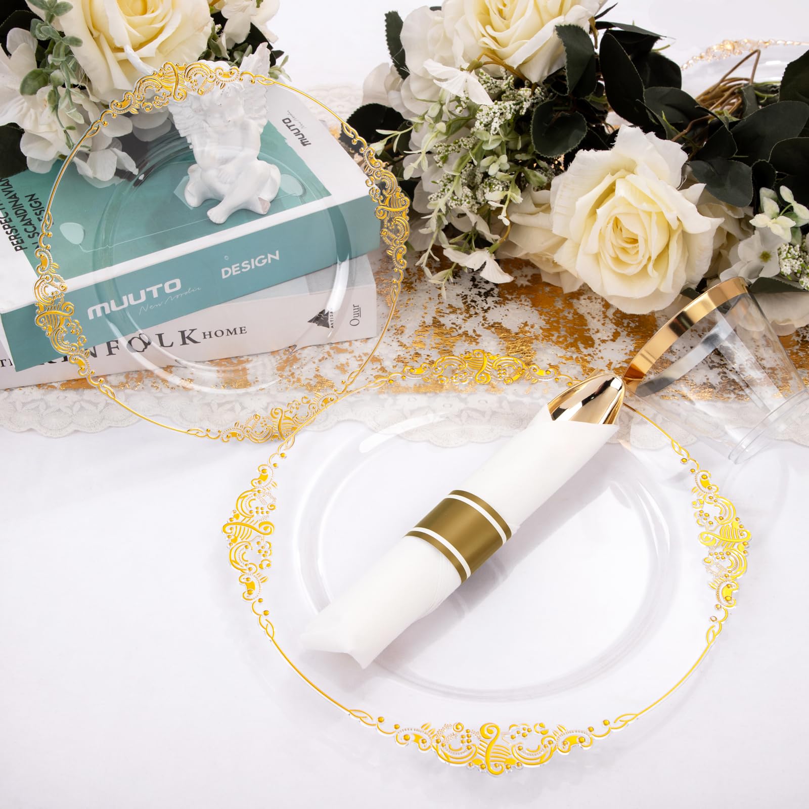 175PCS Clear Gold Plastic Plates Disposable - Elegant Party Dinnerware Set for 25 Guests (50 Plates, 75 Silverware, 25 Cups, 25 Napkins) - Perfect for Weddings, Birthday Parties & Special Events