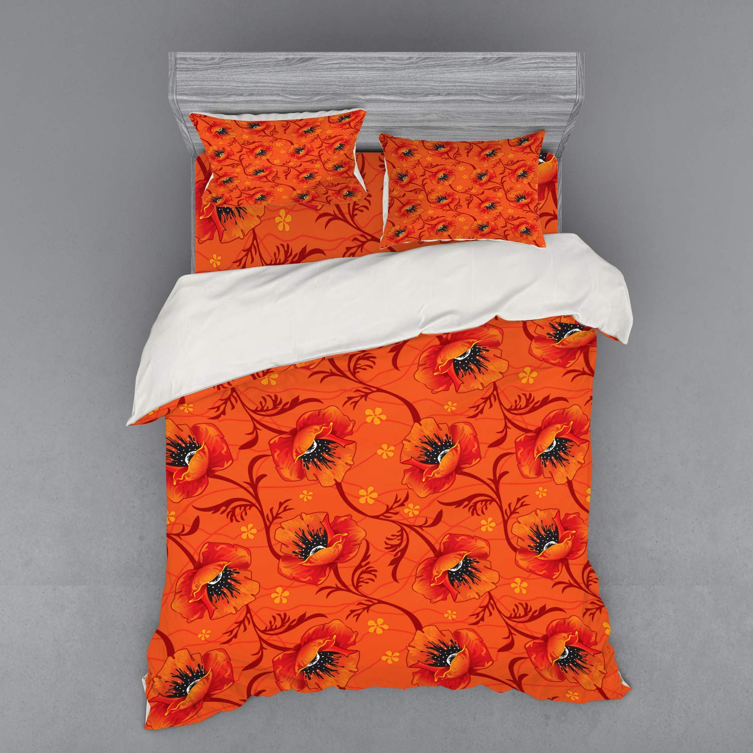 Ambesonne Orange Duvet Cover Set 4-Piece Queen Size - Bohemian Poppy Flower Print Bedding with Shams & Fitted Sheet in Burnt Orange, Yellow & Black | Perfect for Bohemian Bedroom Decor, Guest Room Styling & Romantic Home Accents