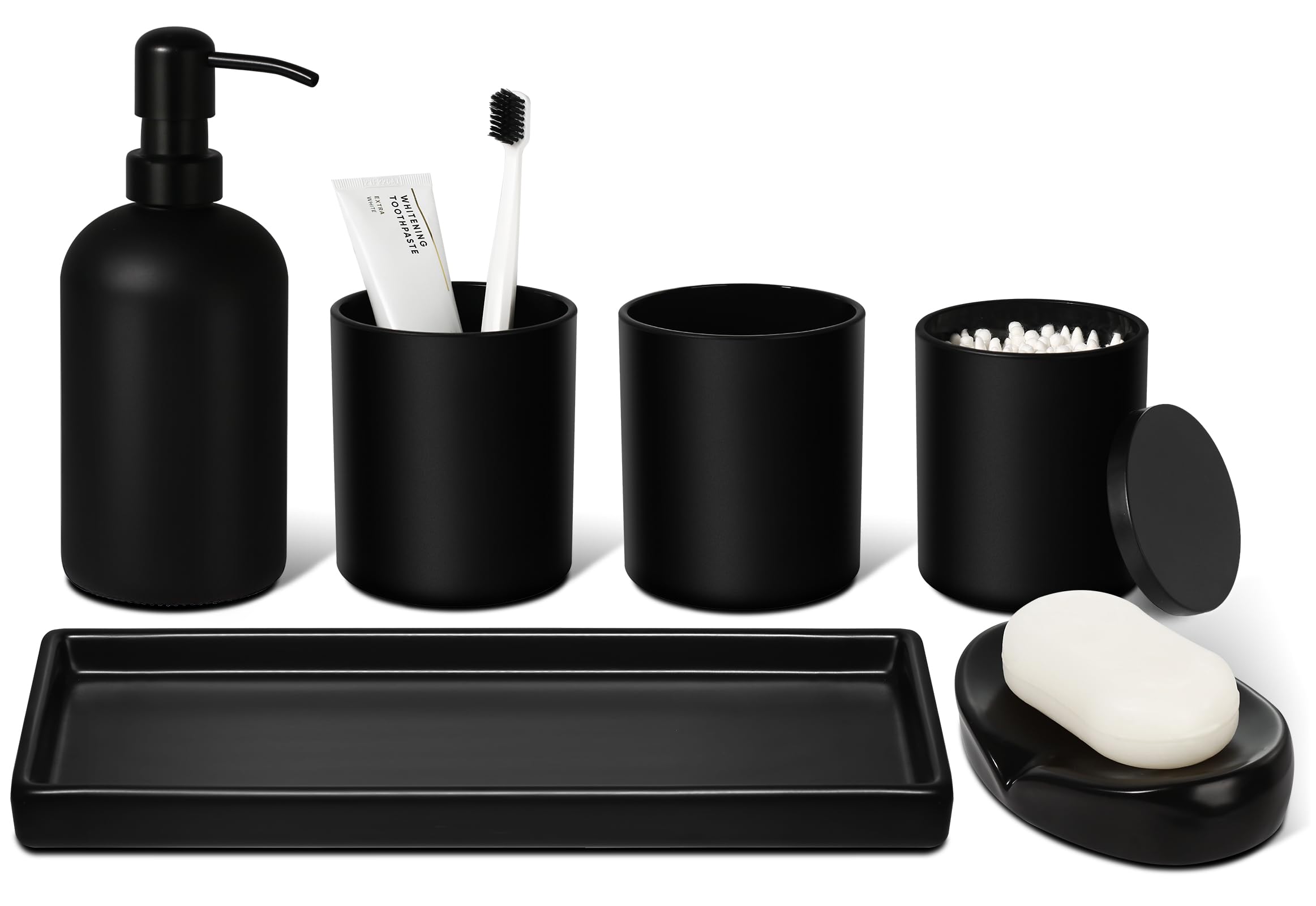 GMISUN 6-Piece Matte Black Bathroom Accessories Set - Glass Soap Dispenser, Toothbrush Holder & Ceramic Tray | Modern Sink Counter Decor for Bathroom Organization & Stylish Home Upgrade