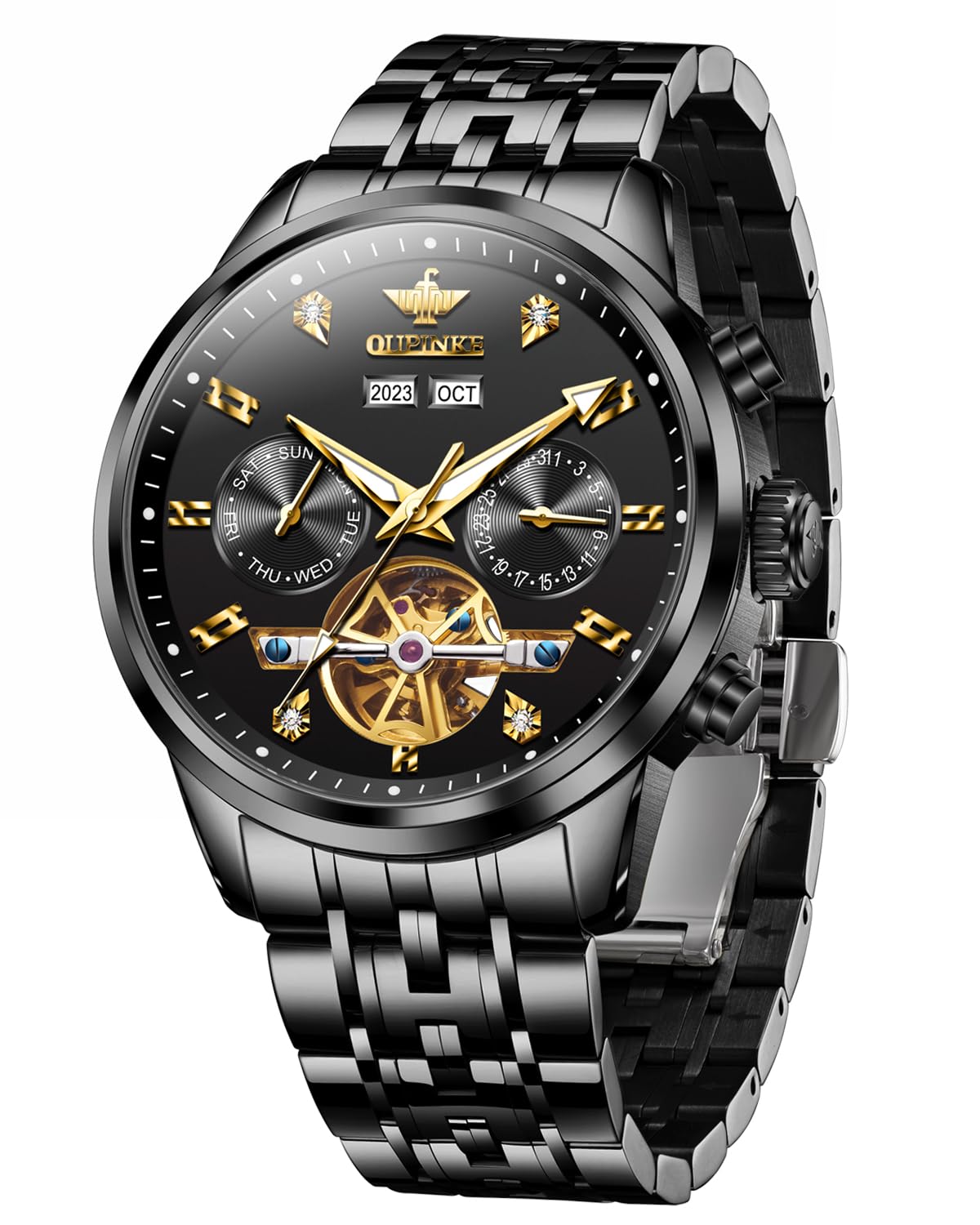 OUPINKE Men's Luxury Skeleton Automatic Mechanical Watch - Waterproof, Sapphire Crystal, Gold/Blue/Black/Green Dial - Perfect for Business, Formal Events & Everyday Wear