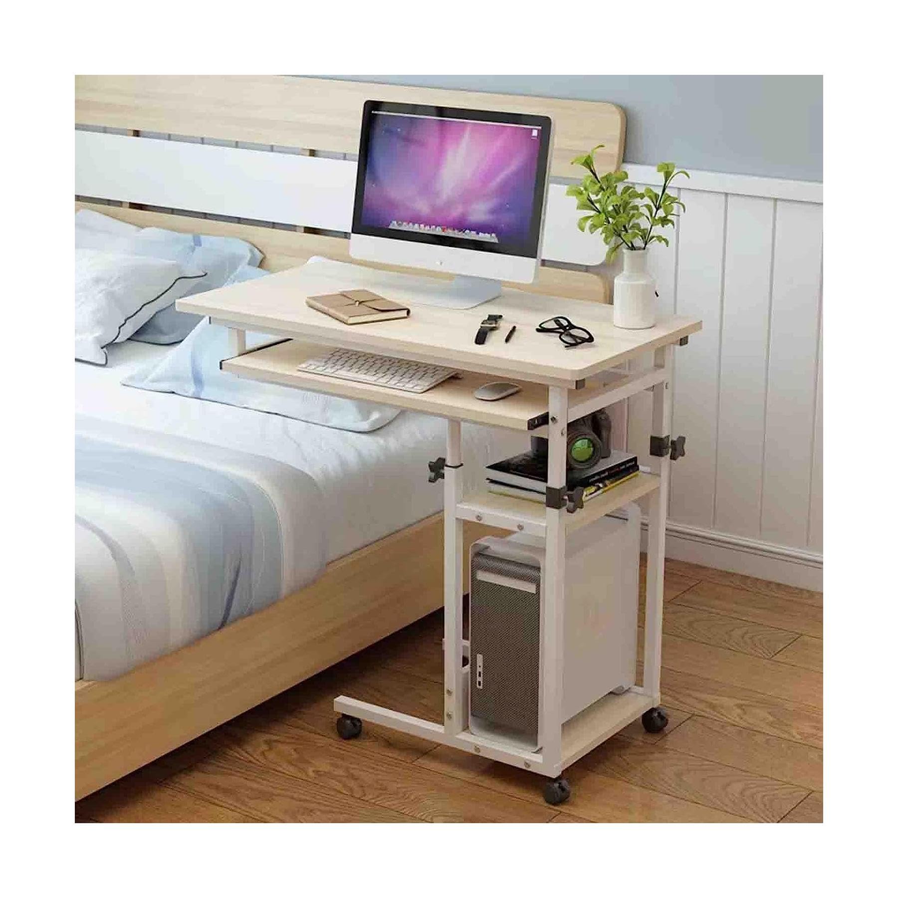 Adjustable Overbed Table with 2-Tier Shelves - Sturdy Steel Frame Laptop Desk for Keyboard & Computer - Perfect for Hospital, Bedside, or Home Office Use