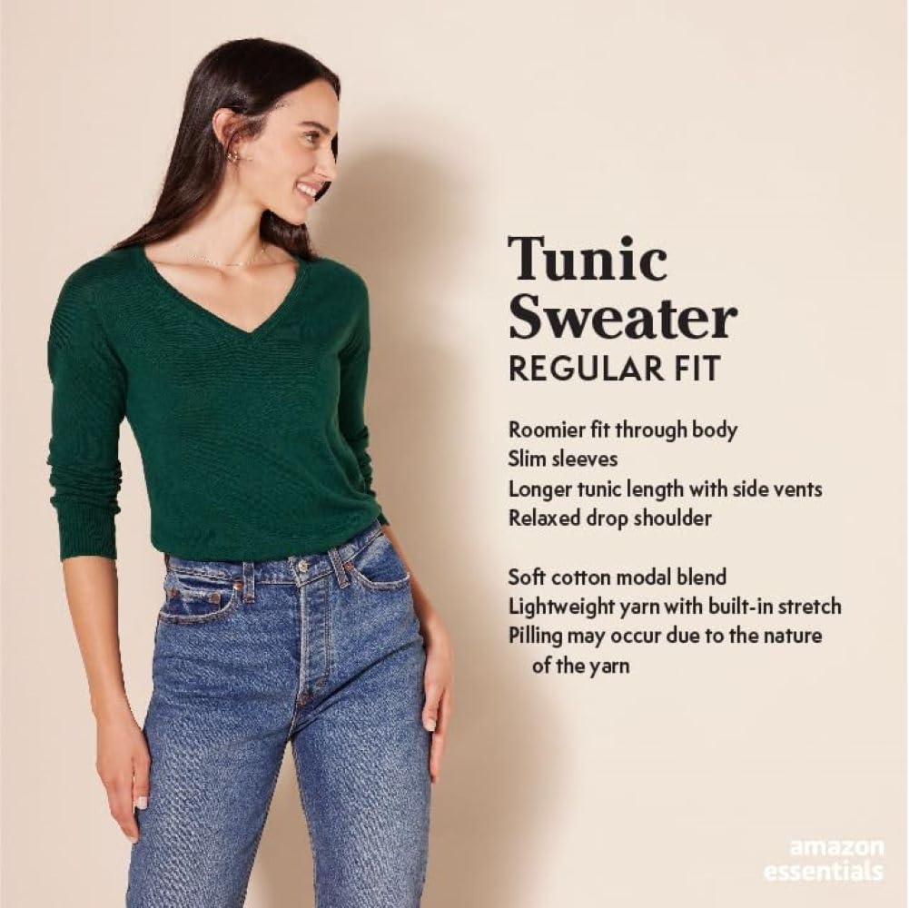 Amazon Essentials Women's Lightweight V-Neck Tunic Sweater - Soft Casual Pullover for Everyday Wear | Perfect for Work, Office, and Weekend Outfits