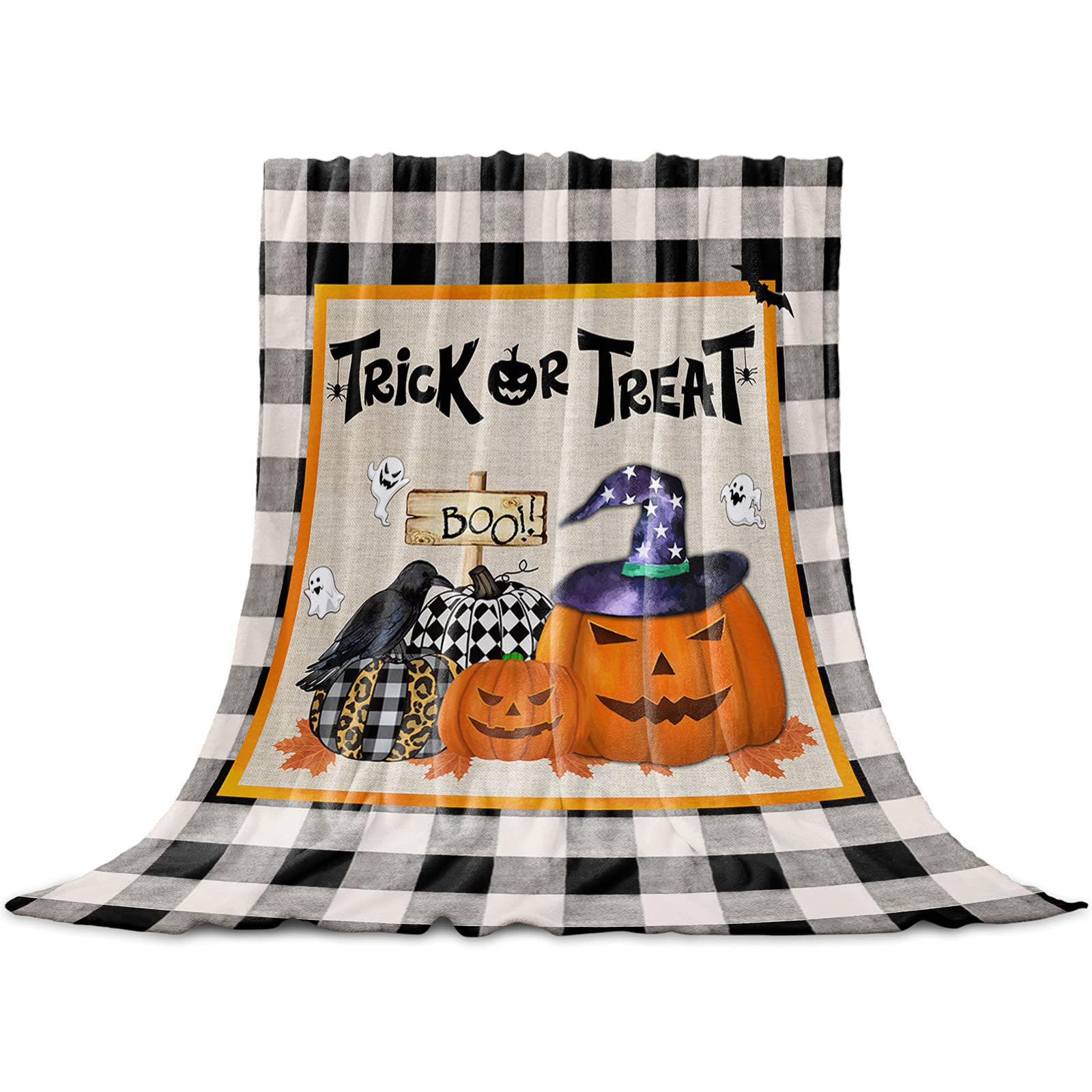Halloween Pumpkin Raven Throw Blanket - Soft Flannel Fleece Microfiber Blanket for Trick or Treat Gifts, Black Checkered Burlap Textured Bed Throw (40x50 inches) - Perfect for Sofa, Couch, Bedroom, and Camping