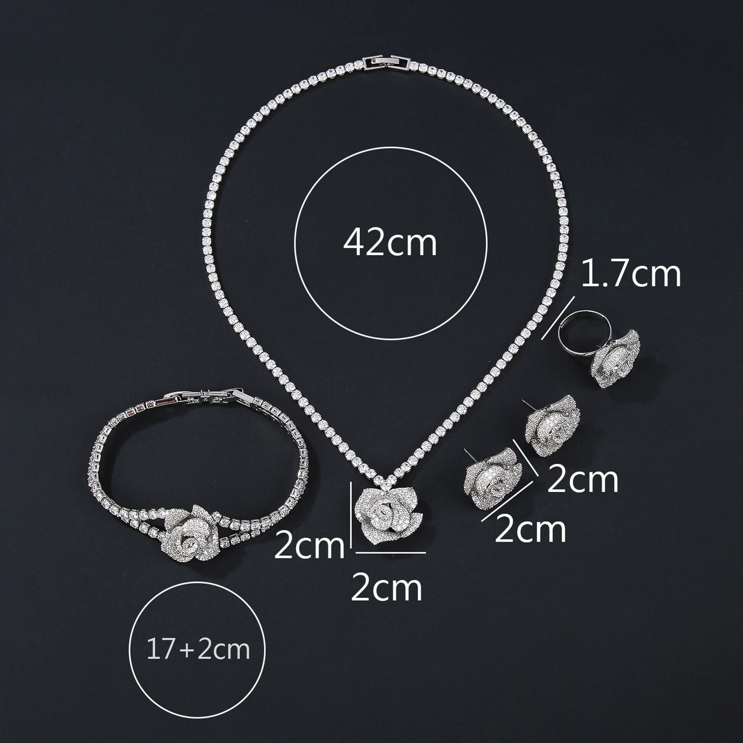 4-Piece Cubic Zirconia Rose Flower Jewelry Set - Pendant Necklace, Earrings, Bracelet & Ring - Bridal Wedding Jewelry for Women - Perfect for Weddings, Anniversaries and Special Occasions