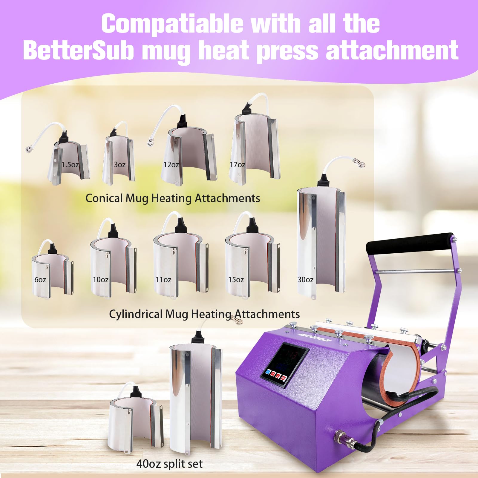 BetterSub 3-in-1 Sublimation Heat Press Machine for 11oz-40oz Tumbler Mugs - Compatible with 11oz, 15oz, 16oz, 20oz, 30oz & 40oz Straight/Skinny Tumblers - Purple Heat Transfer Mug Press for DIY Crafts, Gifts & Small Business Use