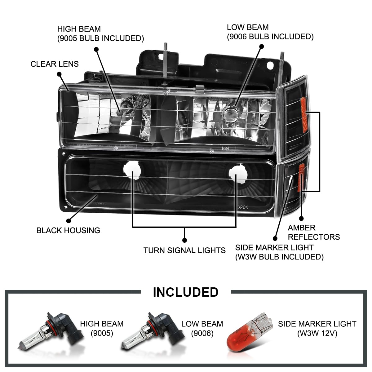 Spec-D Tuning Black Headlights, Bumper Lights & Corner Lamps for 1994-1998 GMC C10 Pickup Sierra Suburban - Complete Left & Right Headlamp Assembly | Perfect for Night Driving & Off-Road Adventures