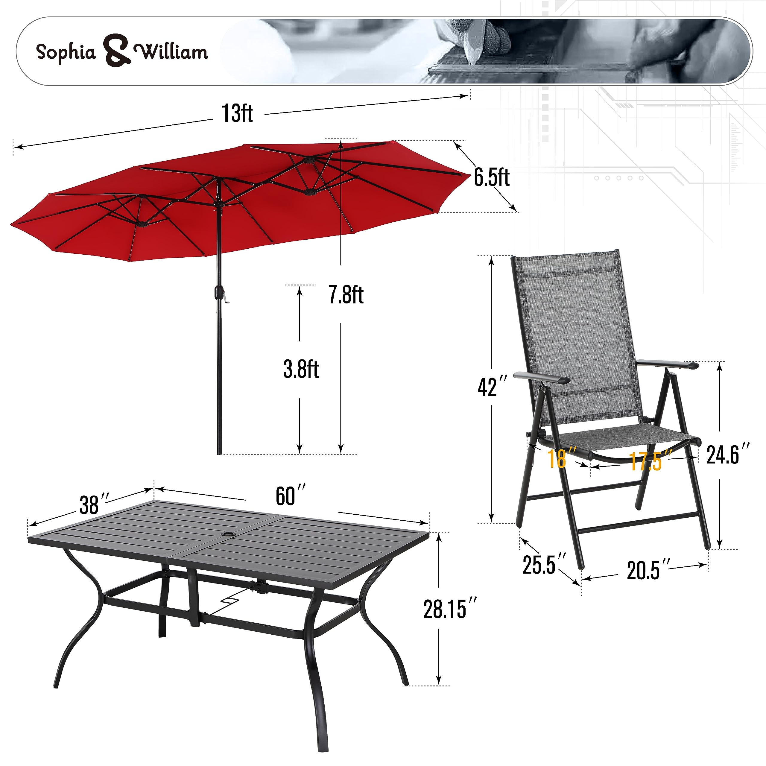 Sophia & William 7-Piece Outdoor Dining Set with 13ft Red Umbrella - Folding Metal Patio Table & Sling Chairs for 6, Grey - Perfect for Backyard BBQs, Poolside Gatherings & Garden Entertaining