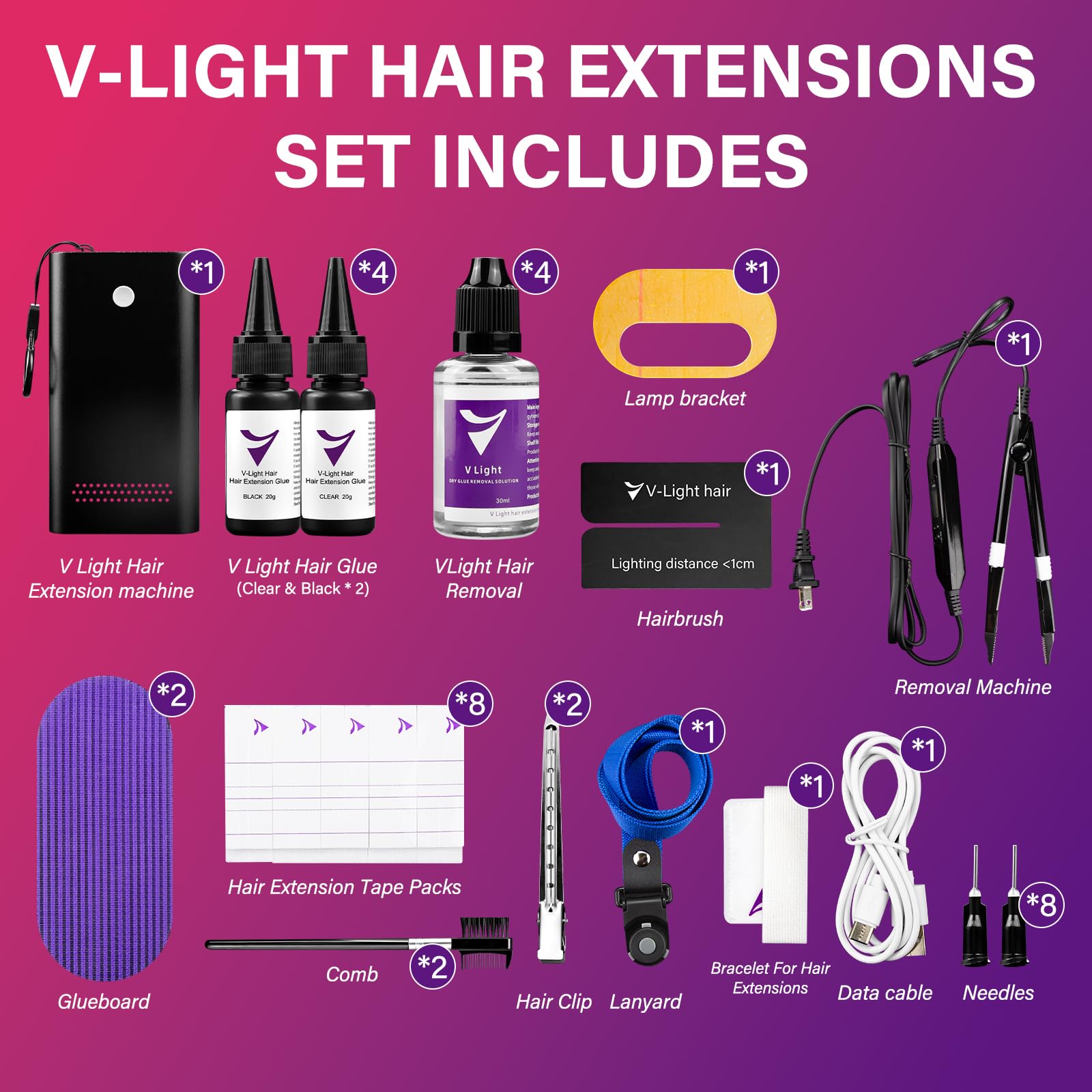 Professional V Light Hair Extensions Kit - Includes UV Lamp, Remover Machine, Glue & Remover Solution (4 Pack Each) | Perfect for Salon Styling, DIY Hair Extensions & At-Home Hair Care
