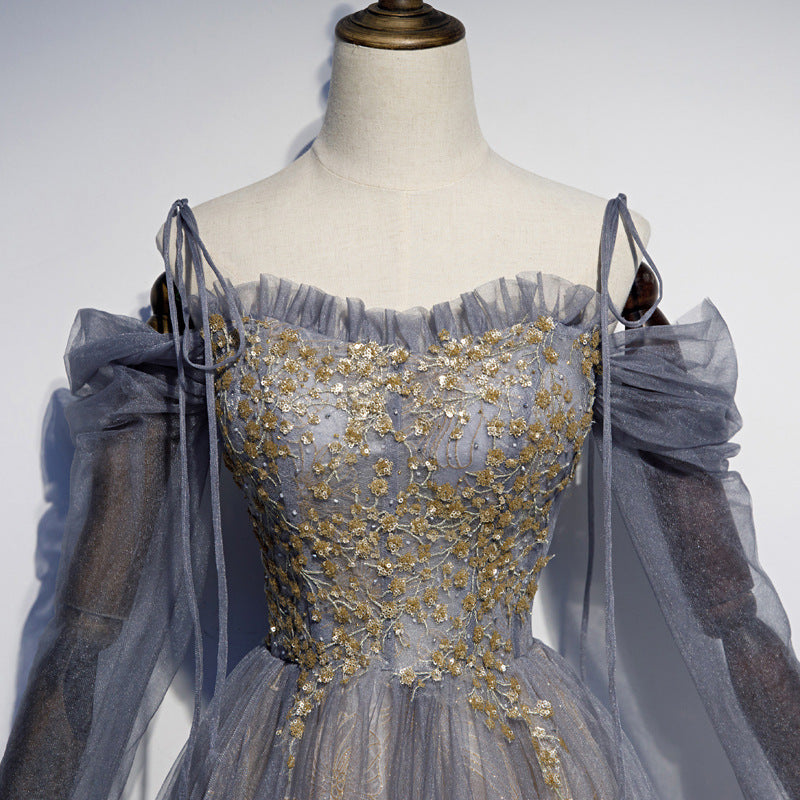 Gold Sequin Off Shoulder A-Line Tulle Prom Dress for Evening Party & Formal Events - Elegant Gown for Homecoming, Wedding, Quinceañera & Special Occasions