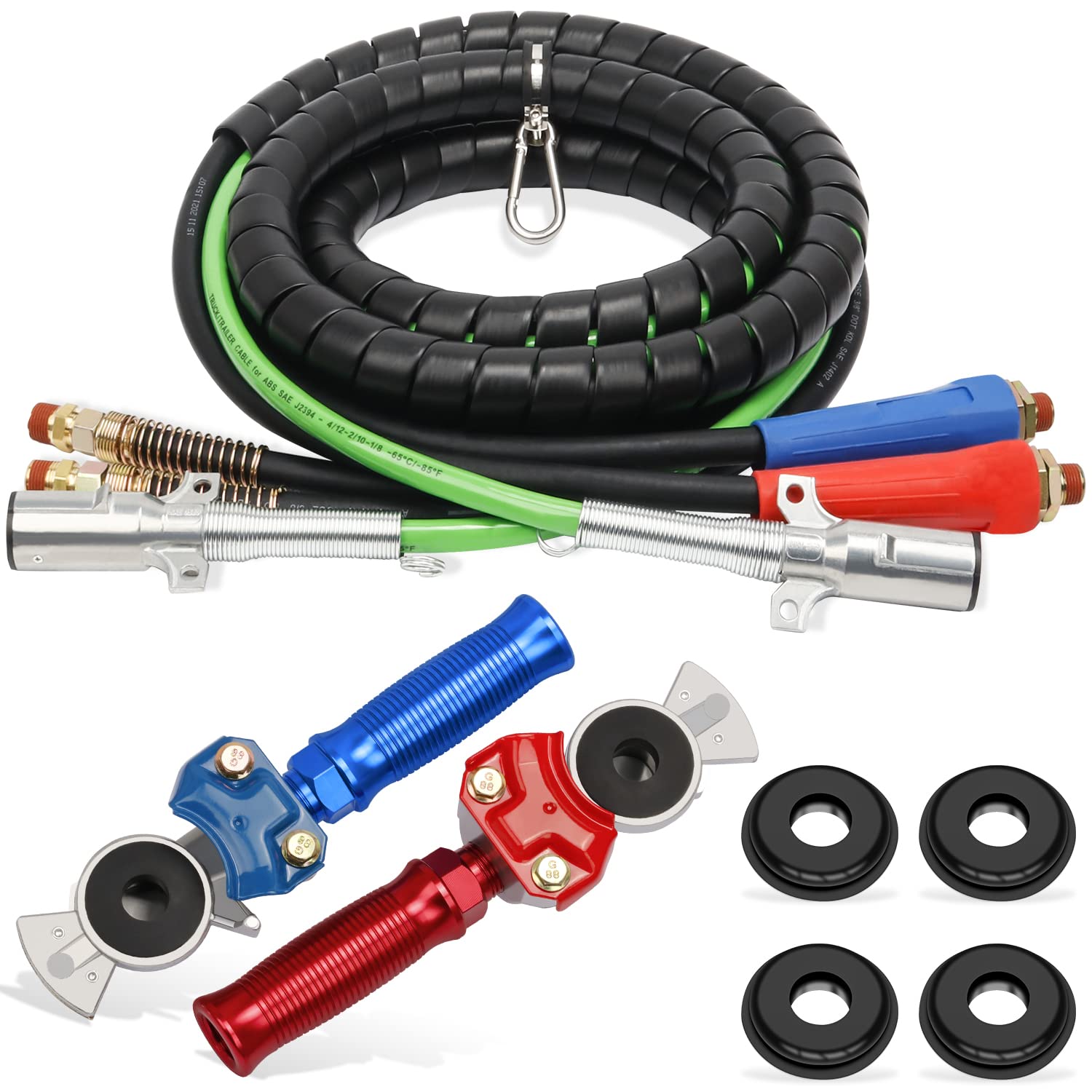 CheeMuii 15ft 3-in-1 Semi Truck Air Line Kit with Glad Hand & Handle - Heavy Duty Air Hose for Truck Trailers - Includes 4 Glad Hand Seals - Perfect for Commercial Trucking & Trailer Brake Systems