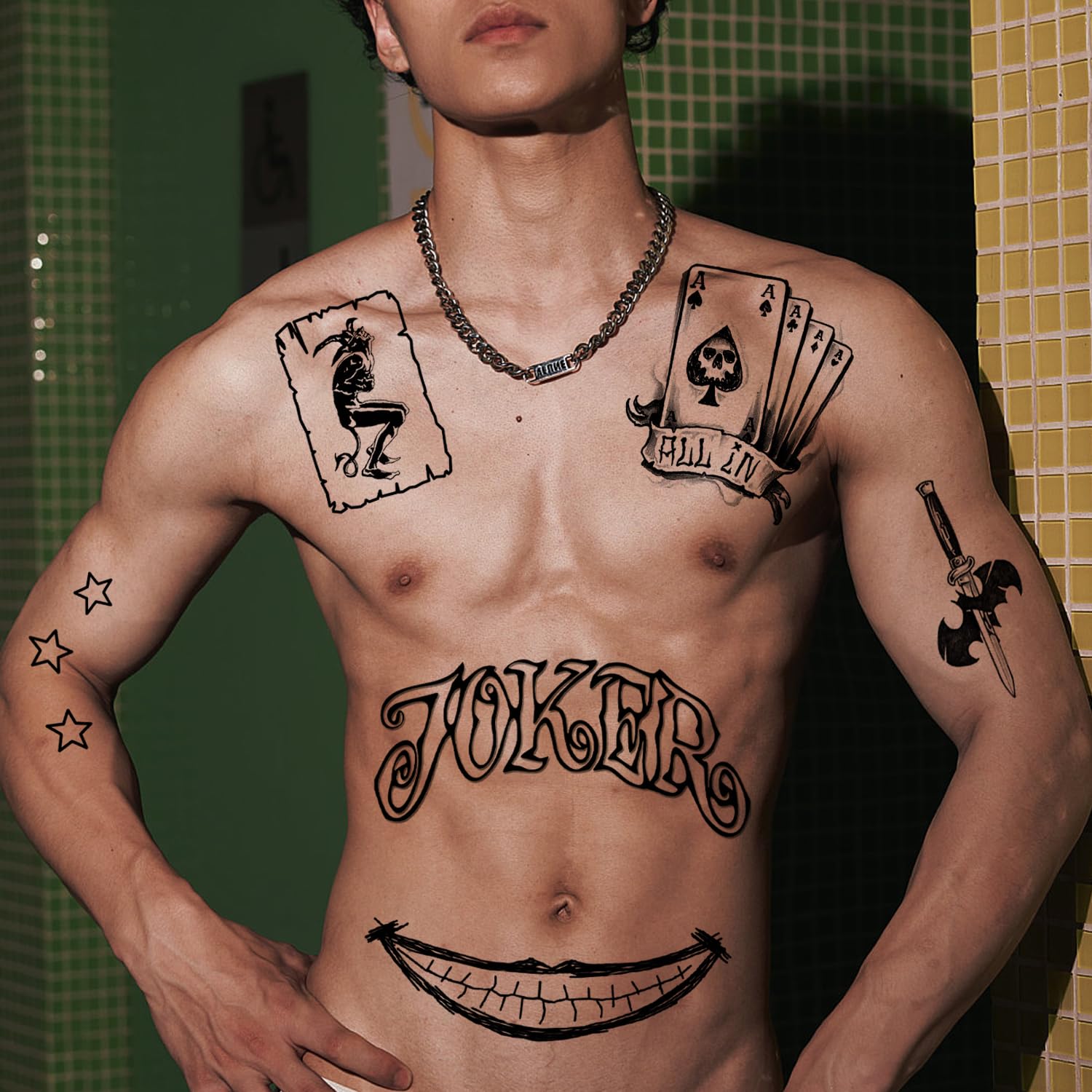 Joker Tattoos Set - 50pcs Halloween Temporary Tattoos Stickers for Joker Costume, Cosplay & Masquerade Party Makeup Accessories - Perfect for Halloween, Comic Con & Themed Parties