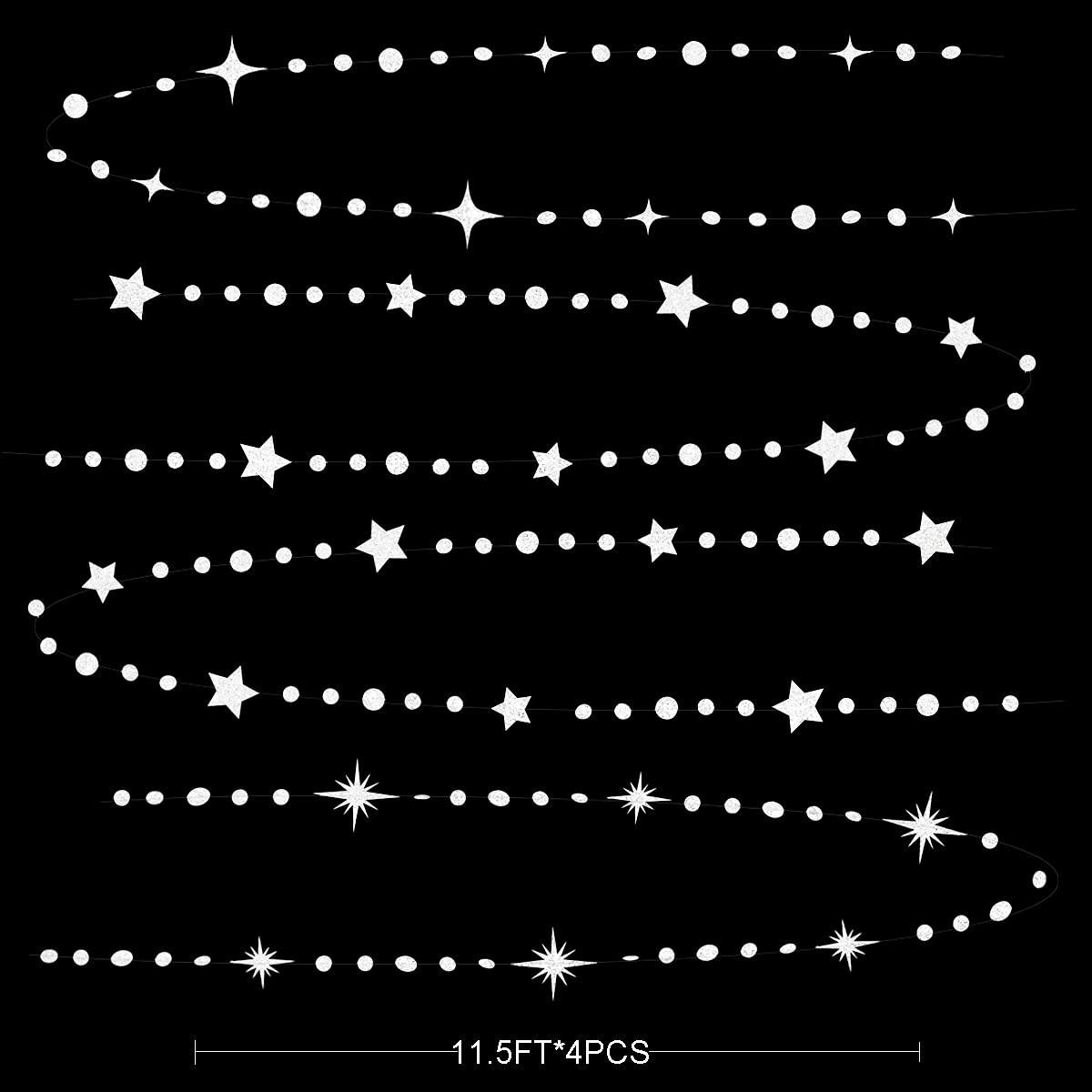 White Star Circle Dot Paper Garland Banner - Glitter Hanging Twinkle Decoration for Birthday, Baby Shower, Wedding & Anniversary Parties | Perfect for Ceiling, Wall & Table Decor
