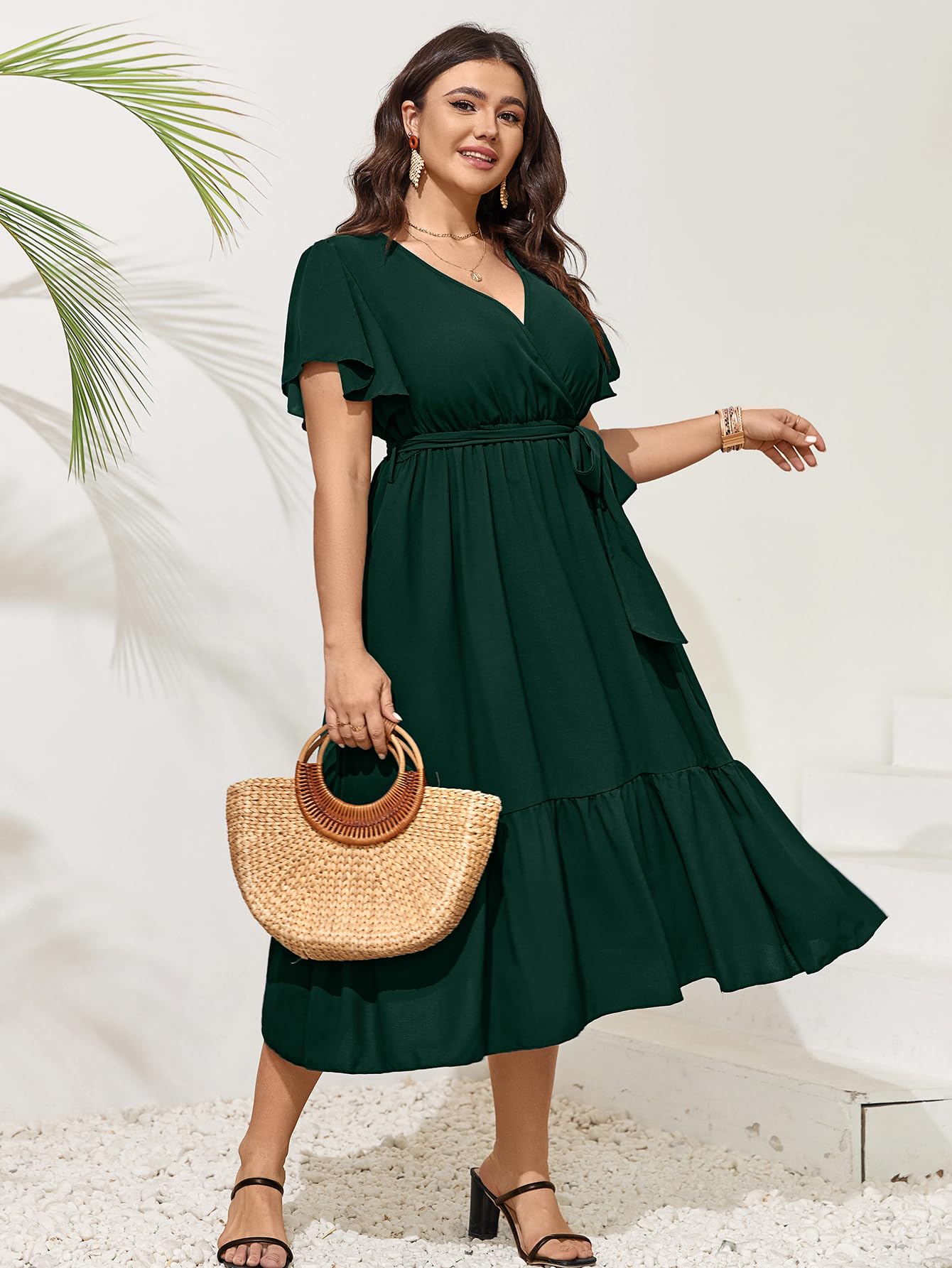 Elegant SCOMCHIC Plus Size Wedding Guest Dress - Summer Wrap V-Neck Short Sleeve with Belt & Ruffle Hem | Flowy A-Line Maxi Dress for Bridal Showers, Garden Parties & Formal Events