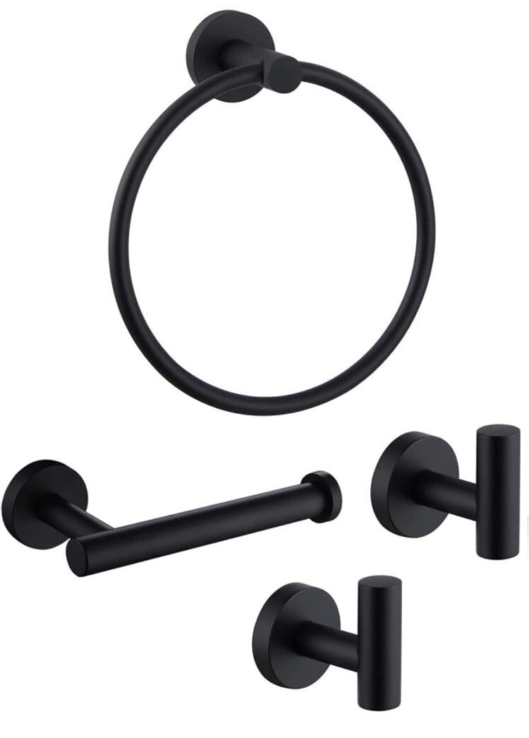 Premium 4-Piece Bathroom Hardware Set - 304 Stainless Steel Wall Mounted Robe Hooks, Toilet Paper Holder & Towel Ring (Black) - Durable Bath Accessories for Modern Home & Hotel Decor