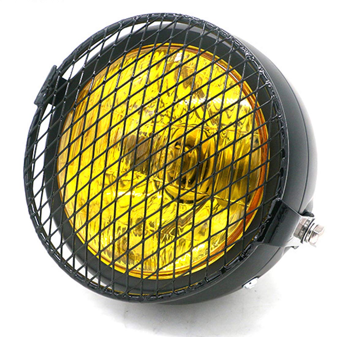 Vintage Motorcycle Headlight - Cafe Racer Style Headlight with Grill Cover (Amber Lens + Diamond Mesh) - Classic Bike Decoration & Custom Modification for Harley, Triumph, BMW Motorcycles - Perfect for Cafe Racer Builds, Bike Shows & Vintage Restoration Projects