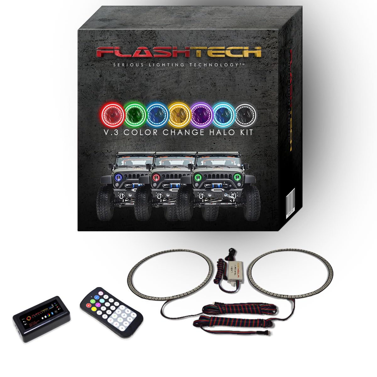 Flashtech LED RGB Multi-Color Halo Ring Headlight Kit with Bluetooth RF Remote & App Control - Compatible with Jeep Wrangler 2007-2017 | Off-Road Lighting for Night Driving & Custom Car Styling