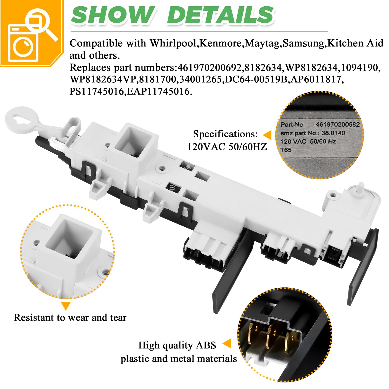 Techecook Washer Door Lock Switch Replacement for Kenmore Samsung Whirlpool Front Load Washers - OEM 461970200692 WP8182634 DC64-00519B 8181700 - Perfect for Home Laundry Room Repairs & Maintenance - 2 Years Warranty