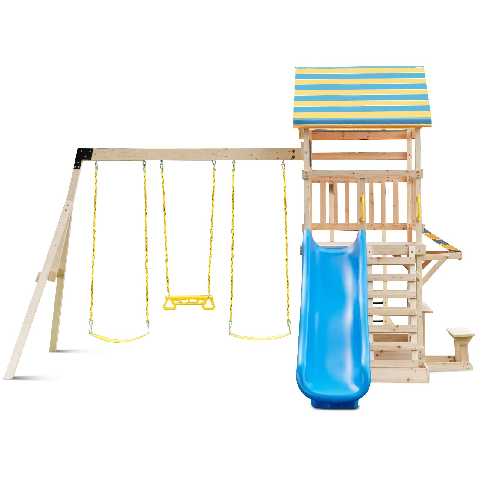 Premium Wooden Swing Set with Large Upper Deck, Slide & Steering Wheel - Perfect for Backyard Playgrounds, Outdoor Fun for Kids & Family Gatherings