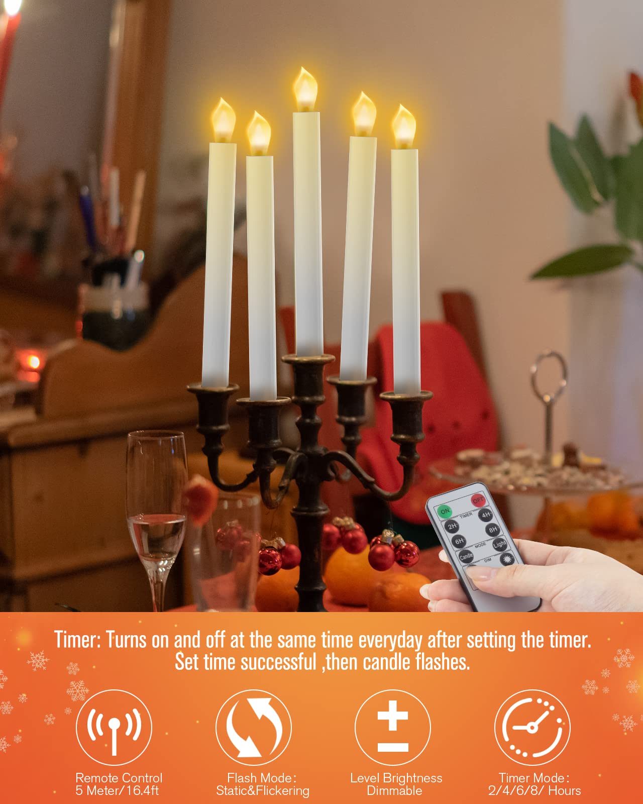 RONXS LED Window Candles with Timer - Battery Operated Flameless Flickering Candles for Christmas Decorations - Includes 2 Remote Controls & 12 Gold Candle Holders - Perfect for Holiday Home Decor, Winter Weddings, and Cozy Ambiance Lighting