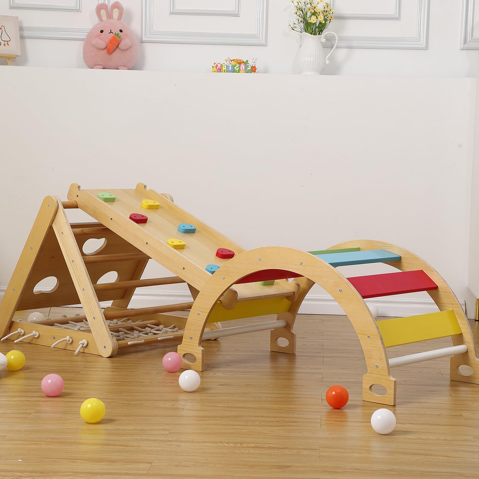 GARVEE 3-in-1 Indoor Climbing Gym for Kids - Waldorf & Montessori Climbing Set with Triangle Ladder, Climbing Ramp, Arch Climber, and Slide - Perfect for Home Playrooms, Preschools, and Daycare Centers