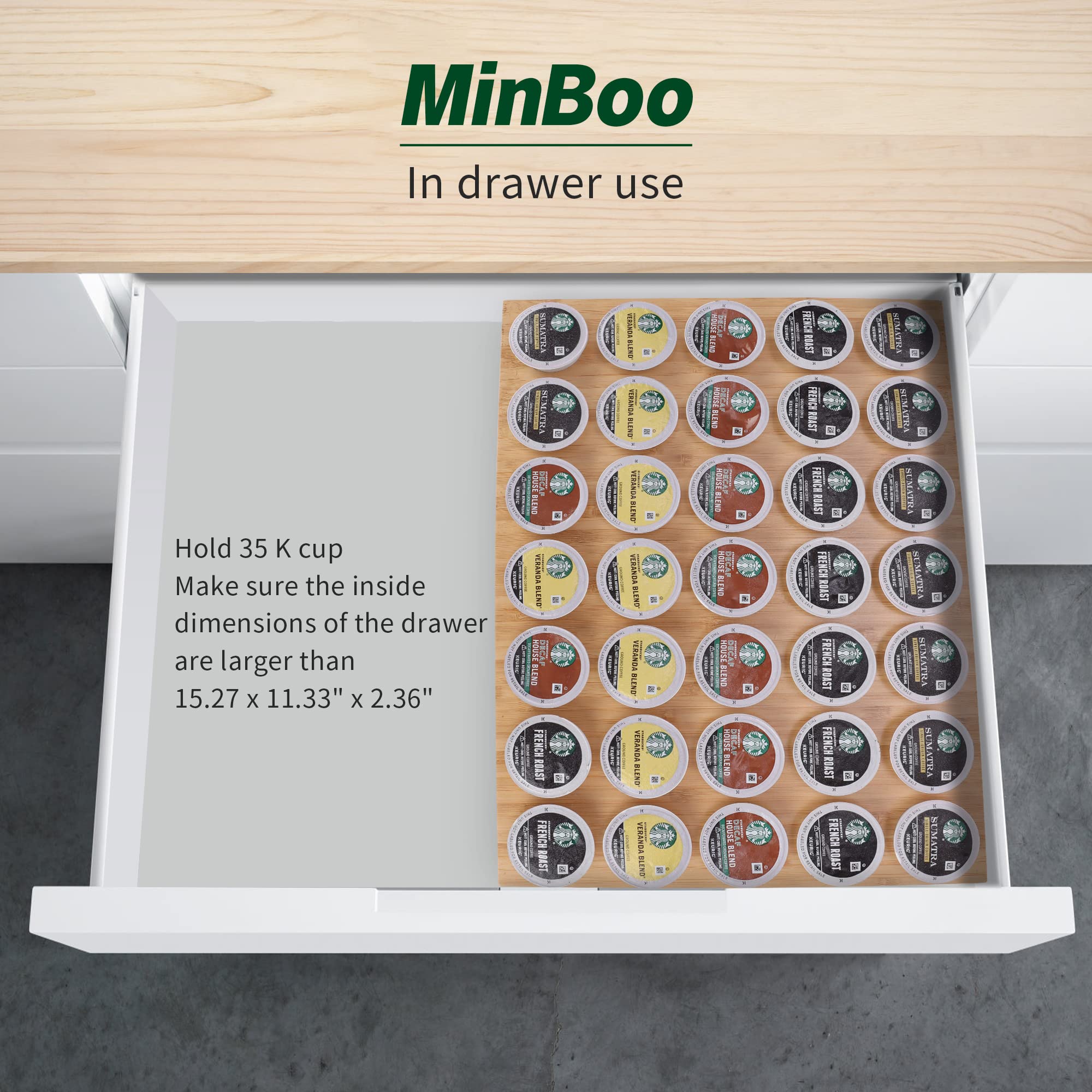 MinBoo Bamboo K-Cup Holder Drawer & Countertop Organizer - Holds 35 Coffee Pods - Compact K-Cup Storage for Coffee Station, Office & Kitchen - Perfect for Keurig Machine & Coffee Bar Organization