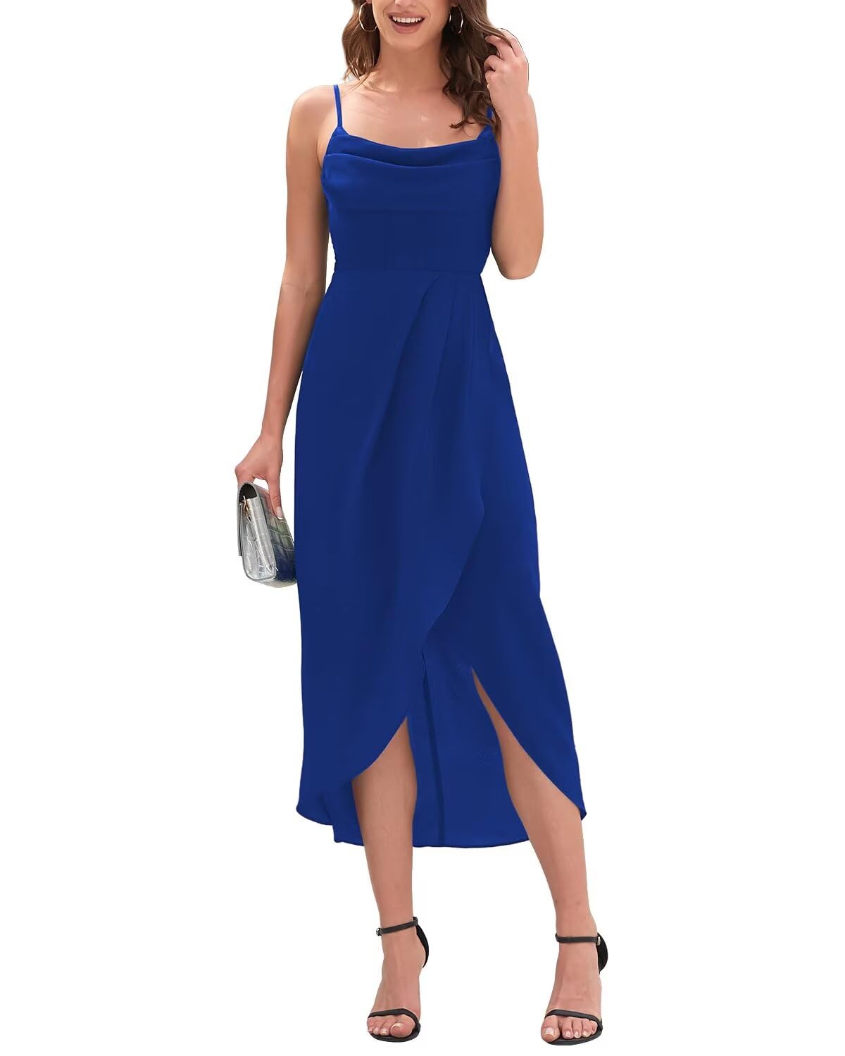 Brosloth Women's Wedding Guest Dress - High Low Wrap Smocked Midi Formal Dress for Bridal Shower, Cocktail Party & Evening Events