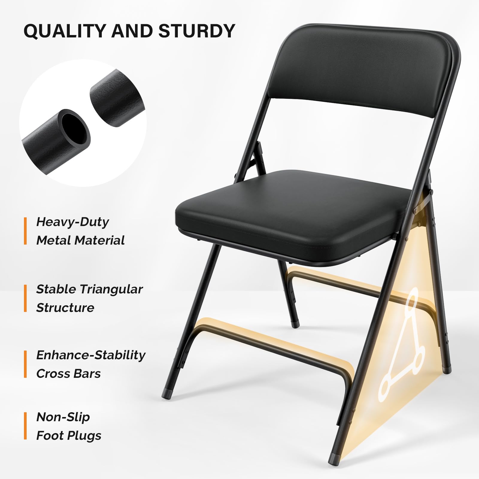 VINGLI Padded Folding Chairs with Thick Seat Cushion - Portable, Durable & Comfortable PU Foldable Chairs for Indoor Outdoor Use - Perfect for Banquet, Party, Dining, Work, Craft, Camping, Picnic, Garden - Black (1 Pack)