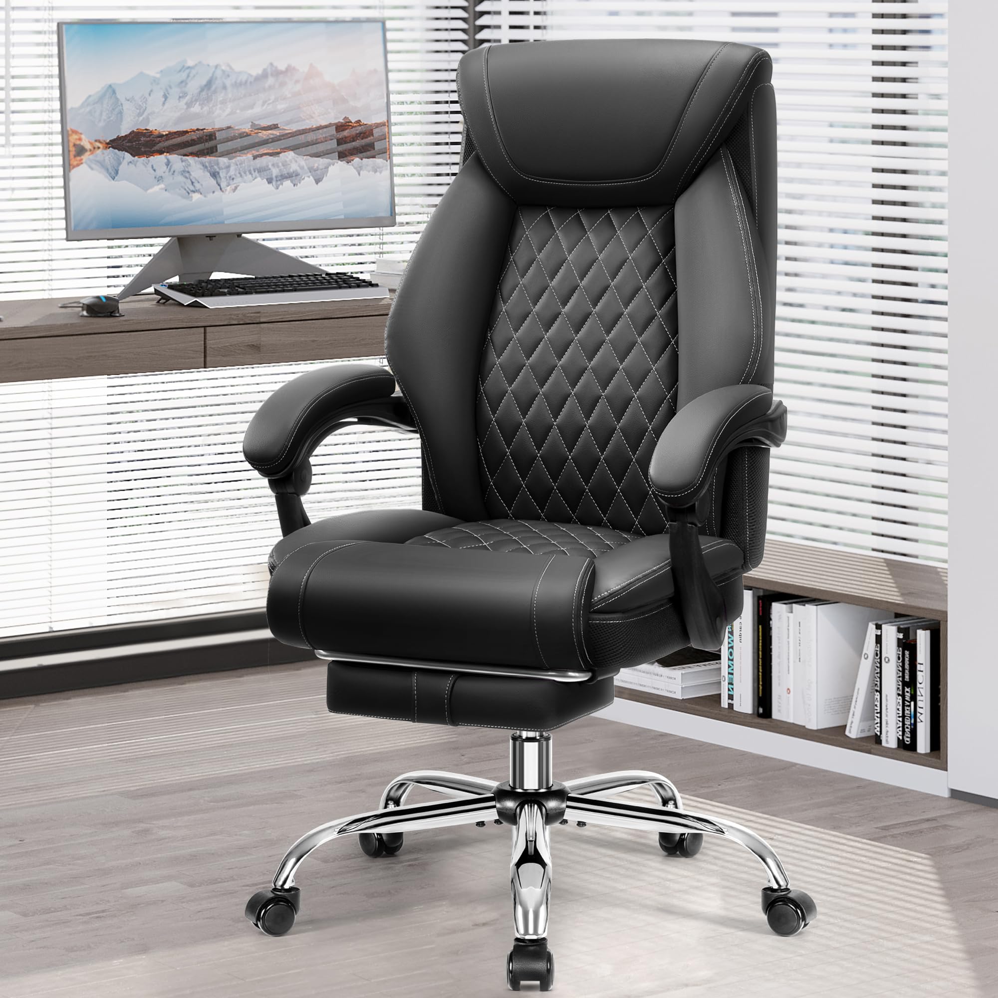 Premium Executive Leather Office Chair - Adjustable High Back Ergonomic Computer Desk Chair with Lumbar Support & Footrest - Big and Tall Comfortable Reclining Chair for Home Office, Conference Room & Gaming Setup