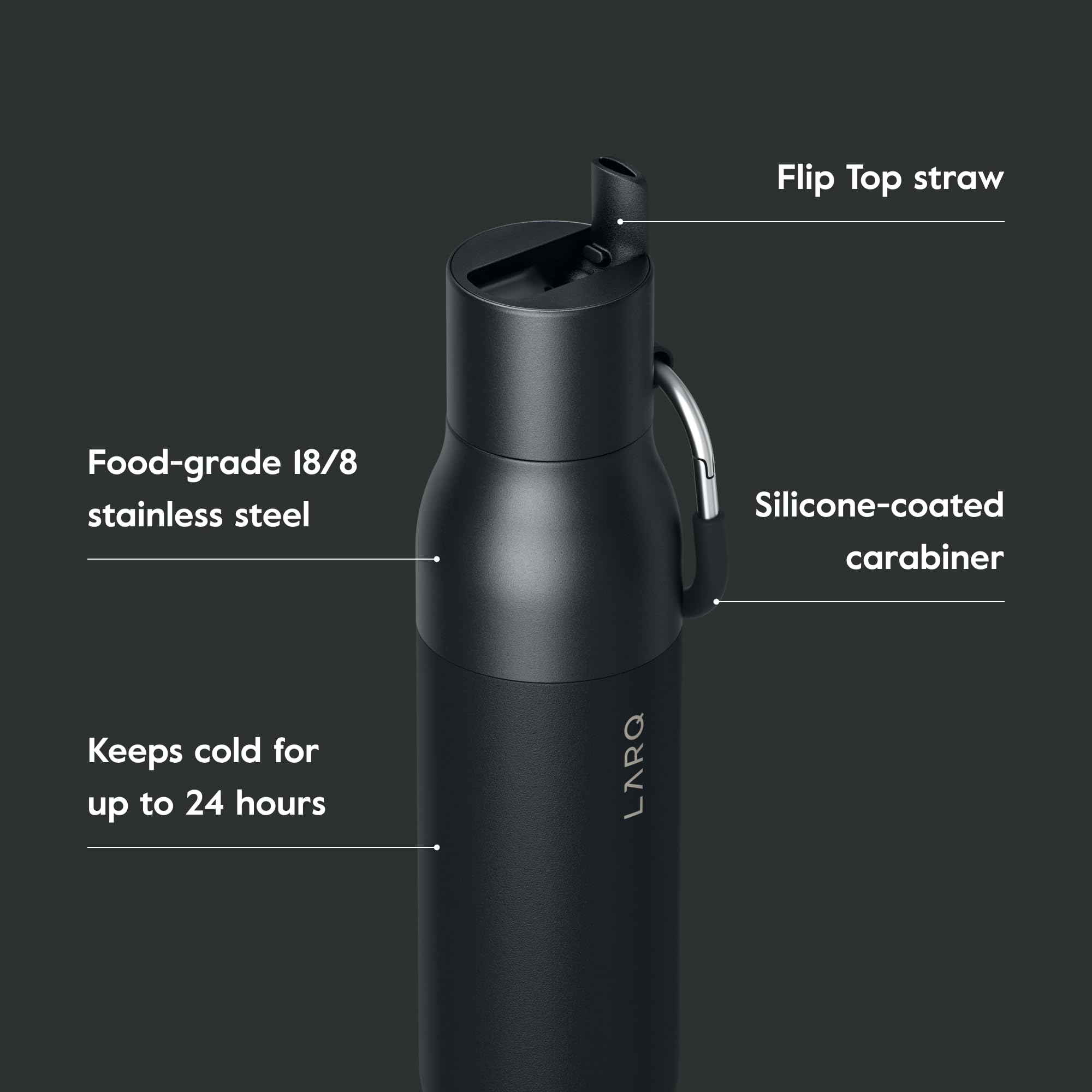 LARQ 17 oz Insulated Stainless Steel Water Bottle with Flip Top & Straw | BPA-Free Thermos | Keeps Drinks Cold 24 Hours | Perfect for Gym, Hiking, Office & Travel | Reusable Obsidian Black Sports Bottle