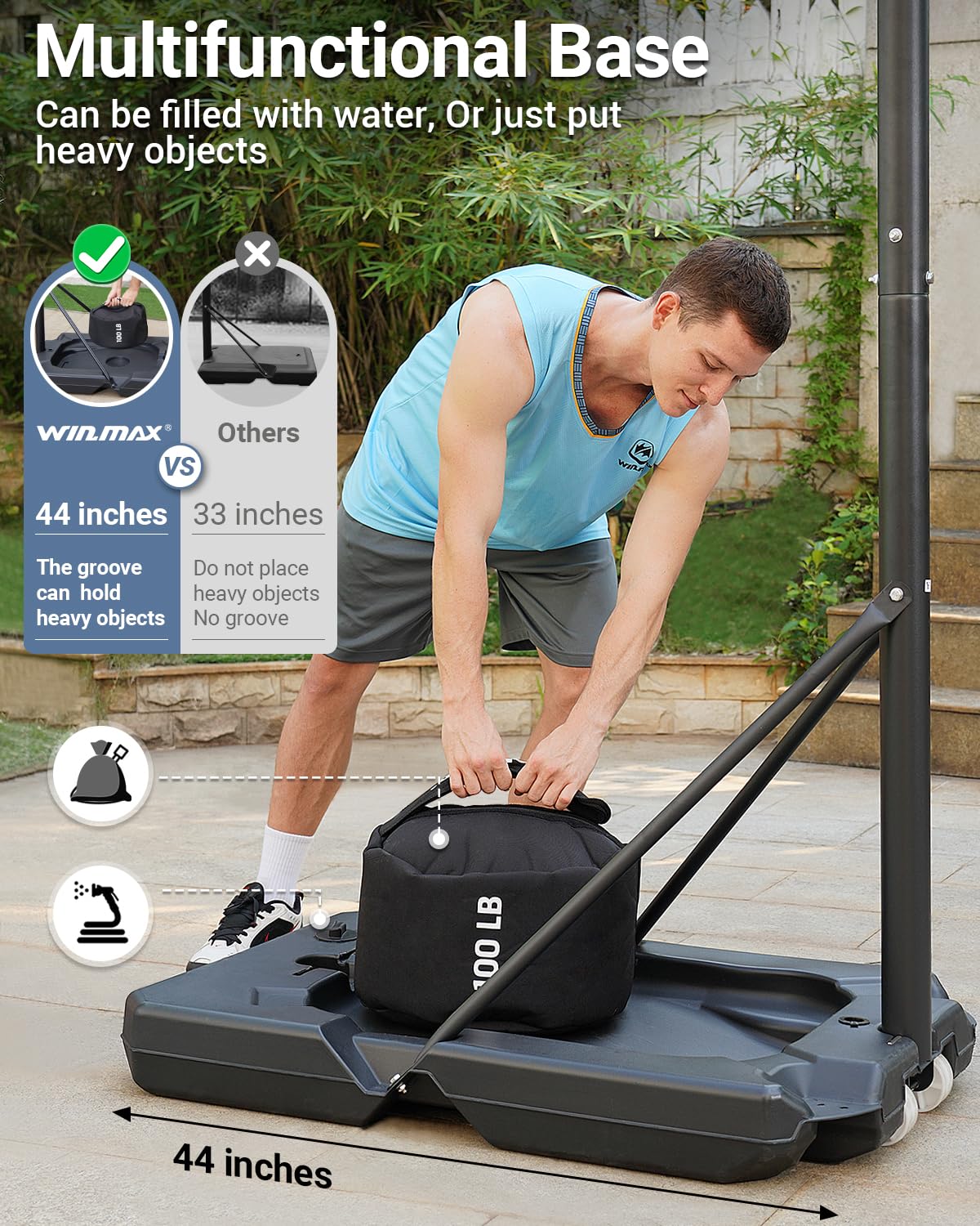 WIN.MAX Adjustable Basketball Hoop 3.8-10ft Height, 44 Inch Backboard - Portable Outdoor/Indoor Basketball Goal System for Kids & Adults - Perfect for Driveway, Backyard, Pool & Gym Use