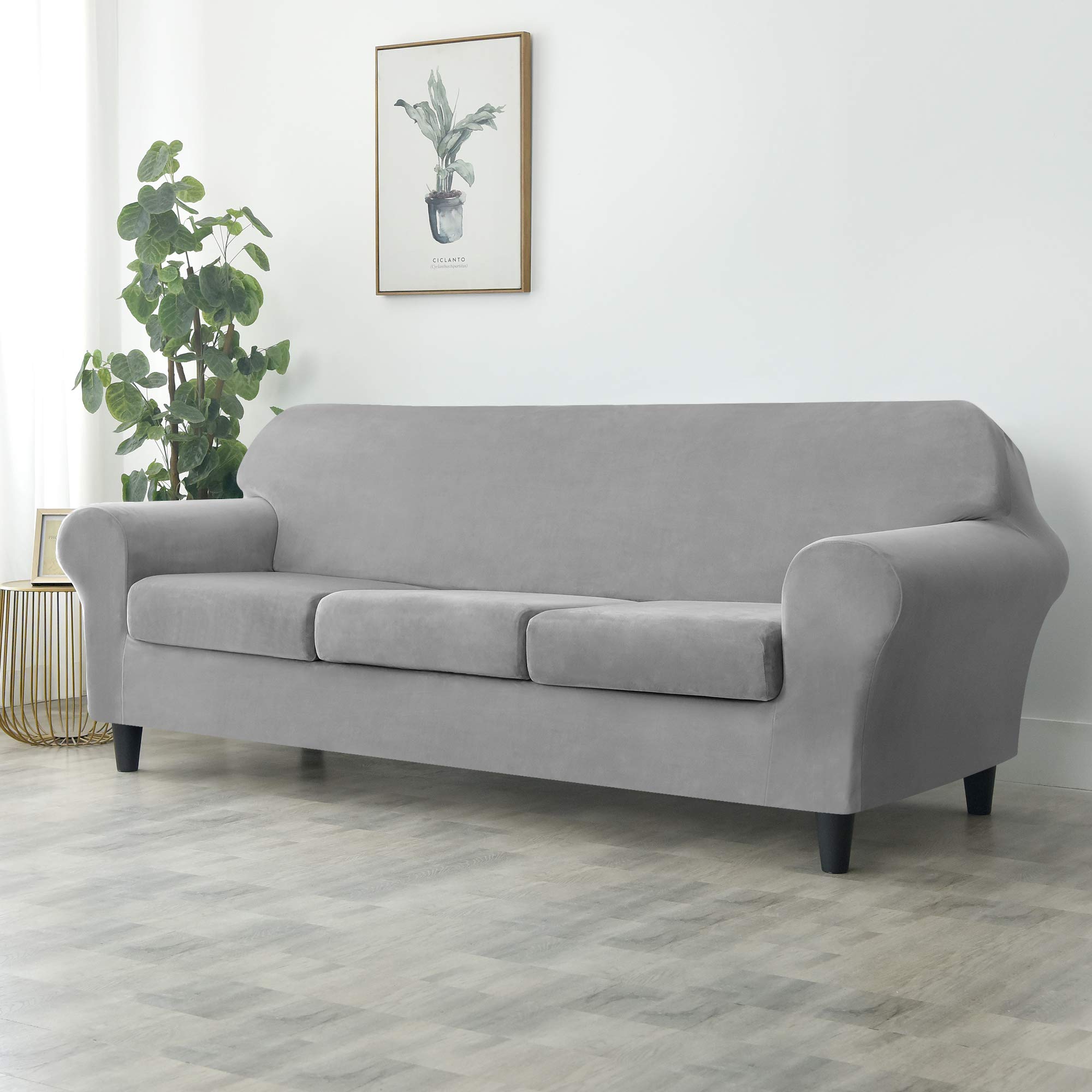 Ultra Soft Velvet Stretch Sofa Slipcover - Large Grey Furniture Protector for Couches | Pet & Kid Friendly Couch Cover | Perfect for Living Room, Family Room & Home Decor
