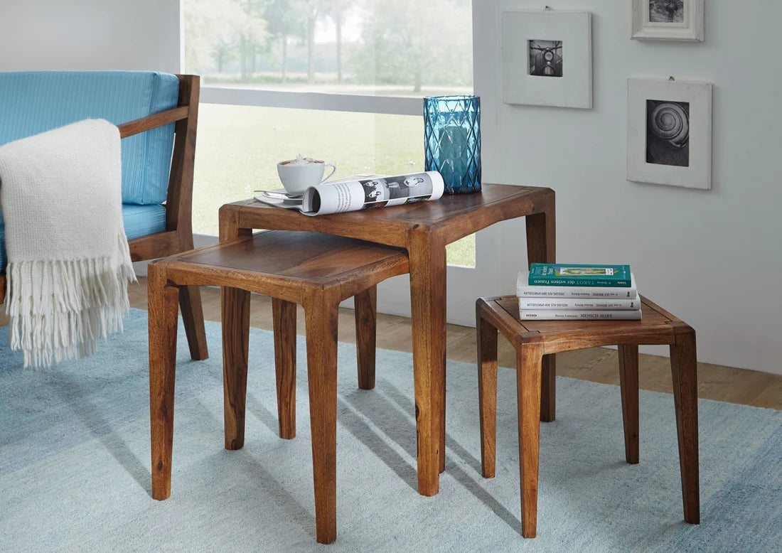 Premium Solid Sheesham Wood Nesting Tables Set of 3 - Space-Saving Side Tables for Living Room, Bedroom, or Office - Modern Home Decor Accent Furniture