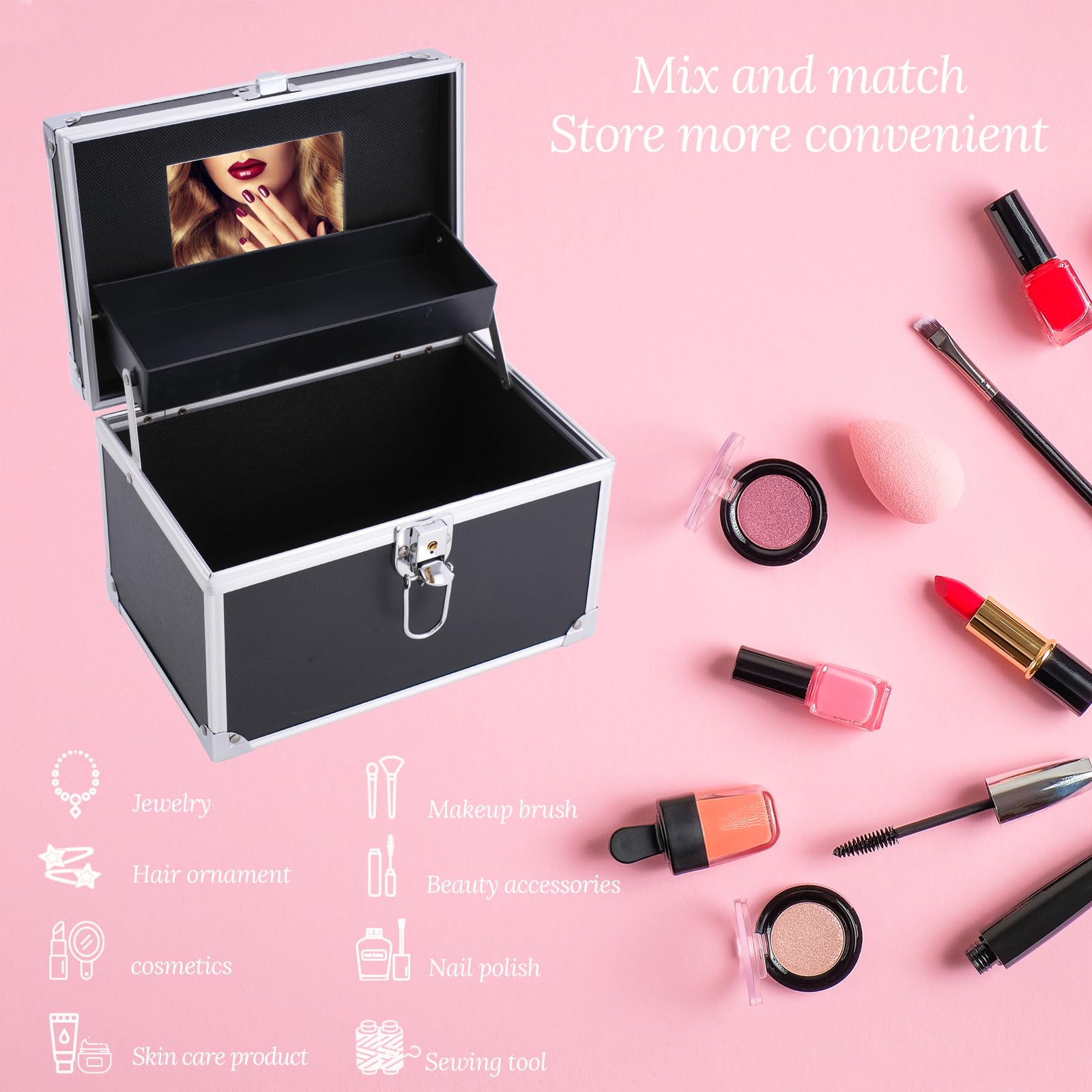 Portable Lockable Makeup Train Case with Mirror & Trays - 6.3