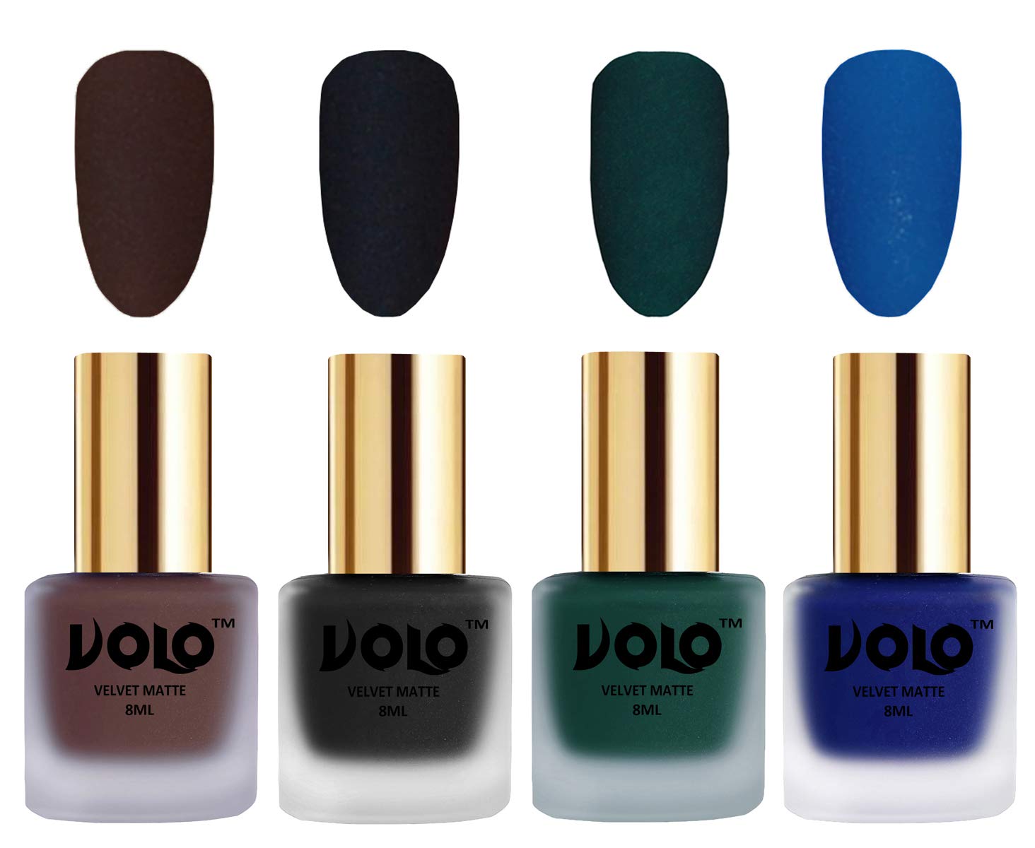 Volo Velvet Matte Nail Polish Set - Pack of 4 (Chocolate Brown, Black, Dark Green, Blue) | Long-Lasting, Non-Toxic Formula for Parties, Weddings & Special Occasions