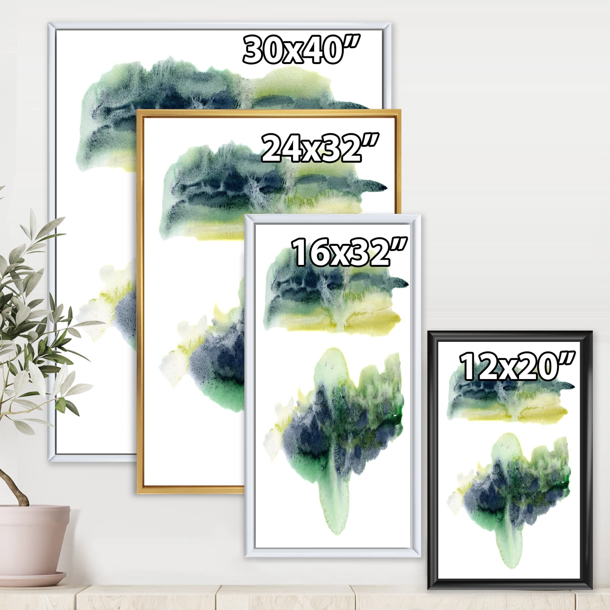 DesignQ Golden Green Abstract Clouds With Blue Points IV - Modern Framed Canvas Wall Art Print for Living Room, Bedroom & Office Decor | Contemporary Home Wall Decor