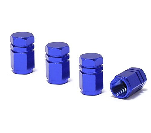 Blue Anodized Aluminum Tire Valve Caps - Hexagon Racing Style (4 Pack) - Perfect for Car, Motorcycle & Bike Customization & Performance Tuning