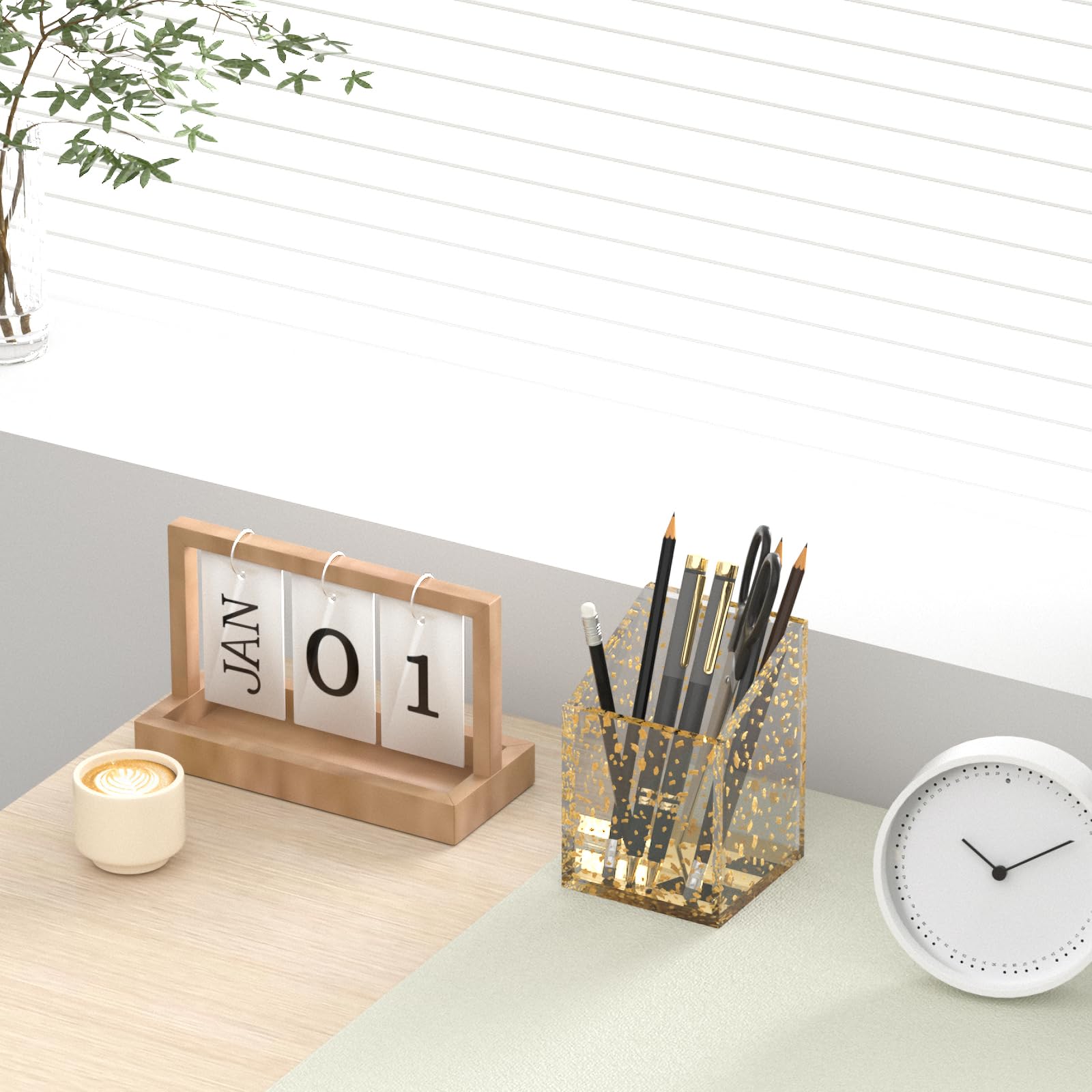 Modern Acrylic Pen Holder with Gold Base - 1 Compartment Multifunctional Desk Organizer for Pencils, Makeup Brushes & Markers | Perfect for Office, Classroom & Home Workspace Organization