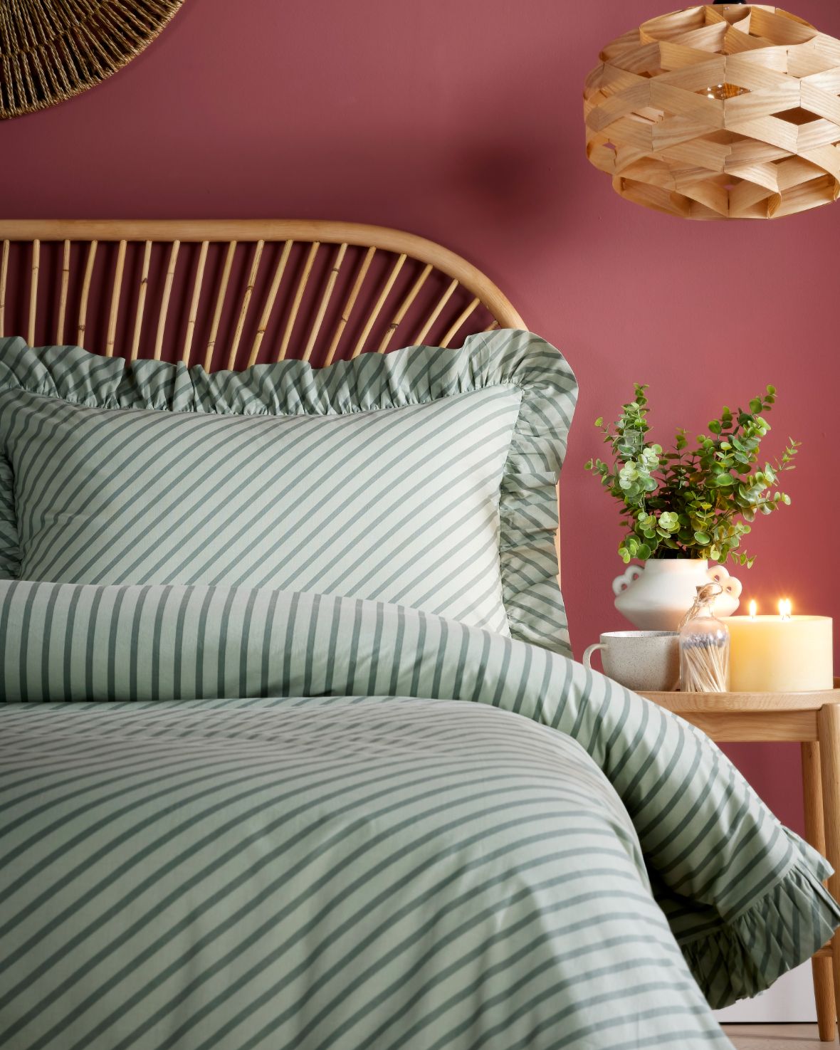 Premium Cotton Stripe Print Frill Bedding Set - Sage Green - Soft & Breathable Queen/King Size - Perfect for Master Bedroom, Guest Room & Cozy Home Decor