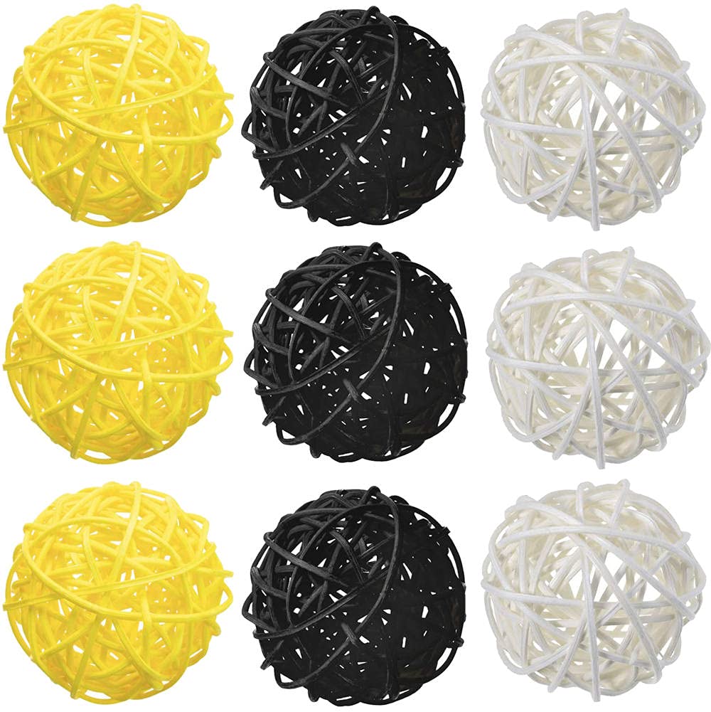 9 Pcs 3 Inch Wicker Balls Decorations - Natural Rattan Balls for Home Decor, DIY Vase Filler, Wedding Centerpieces, Baby Nursery & Table Decor (White, Yellow, Black) - Perfect for Boho, Farmhouse & Rustic Style Decorating