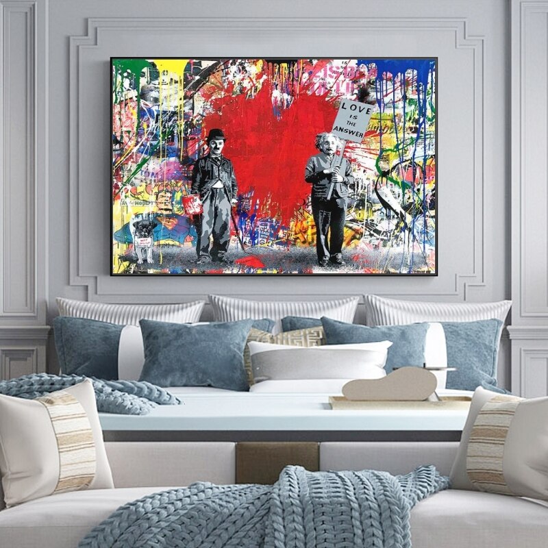 Banksy Love is the Answer Wall Art - Charlie & Einstein Modern Canvas Print - Home & Office Decor, Living Room Wall Art, Gift for Art Lovers