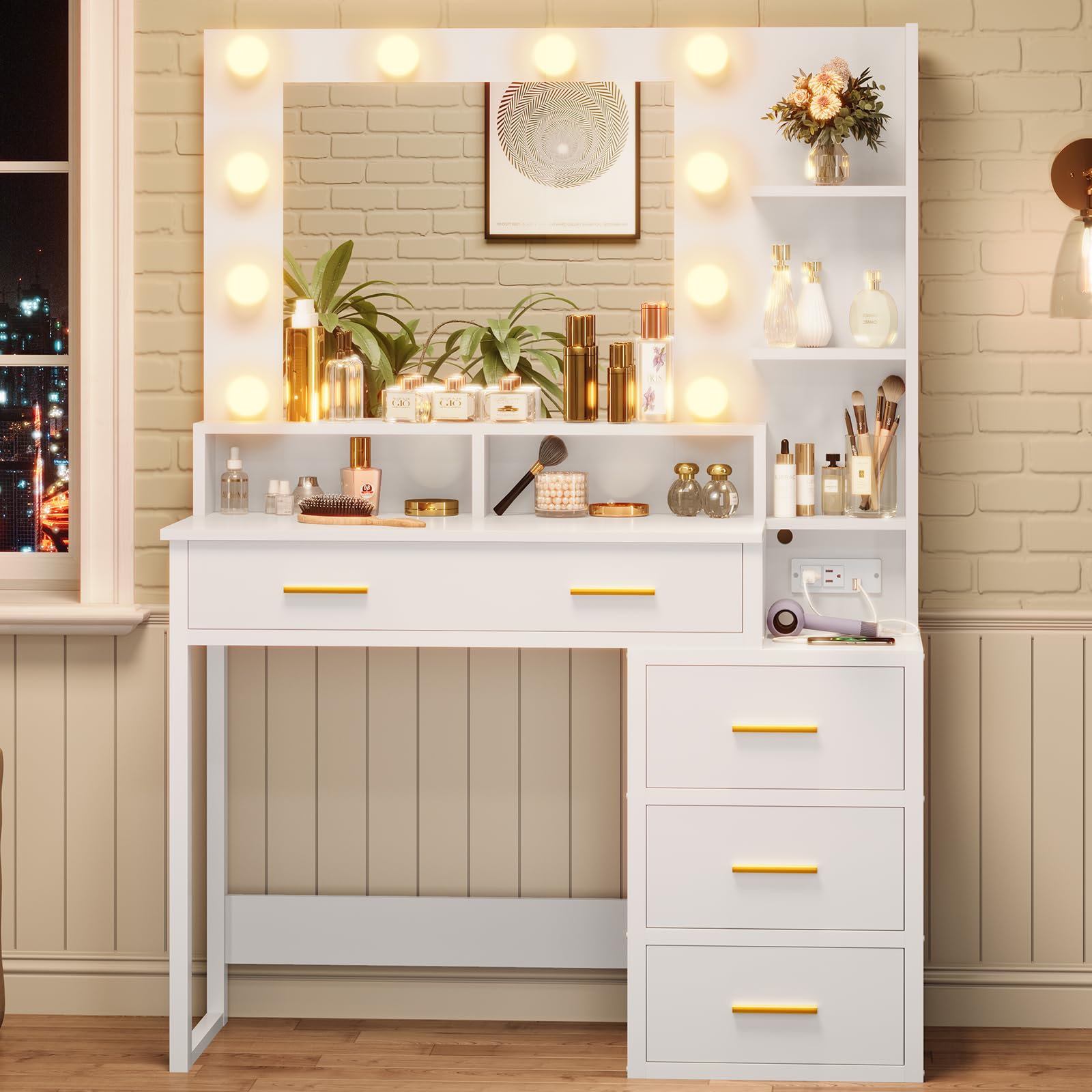 Modern White Makeup Vanity Set with 10 LED Bulbs & 3 Lighting Modes - Adjustable Mirror, 2 USB Ports, Outlets, Storage Shelves & Drawers - Perfect for Bedroom, Dressing Room & Beauty Salon