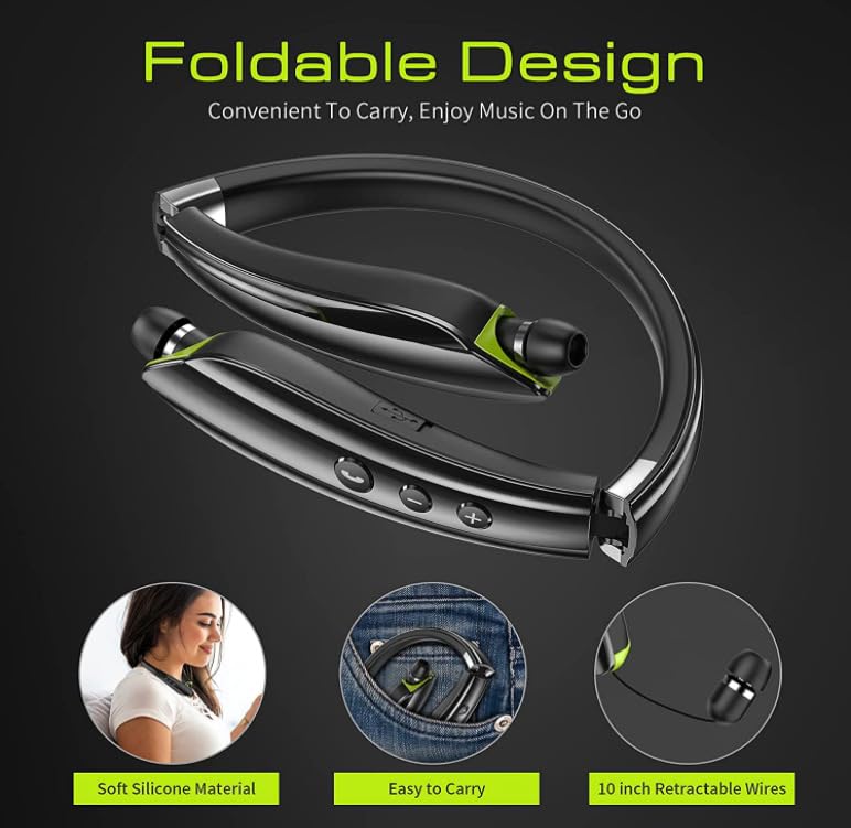 Wireless Bluetooth Neckband Headphones with Noise Cancelling, Magnetic Design, Retractable & Foldable - Perfect for Running, Gym, Workout & Travel (White)