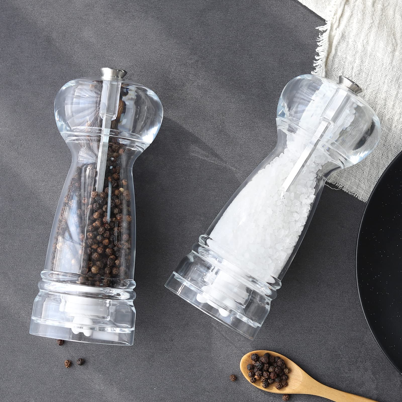 Premium Clear Acrylic Salt and Pepper Grinder Set - 2 Pack Refillable Transparent Mill with Adjustable Ceramic Grinder for Coarse to Fine Seasoning - Perfect for Kitchen, Dining Table & Outdoor BBQ