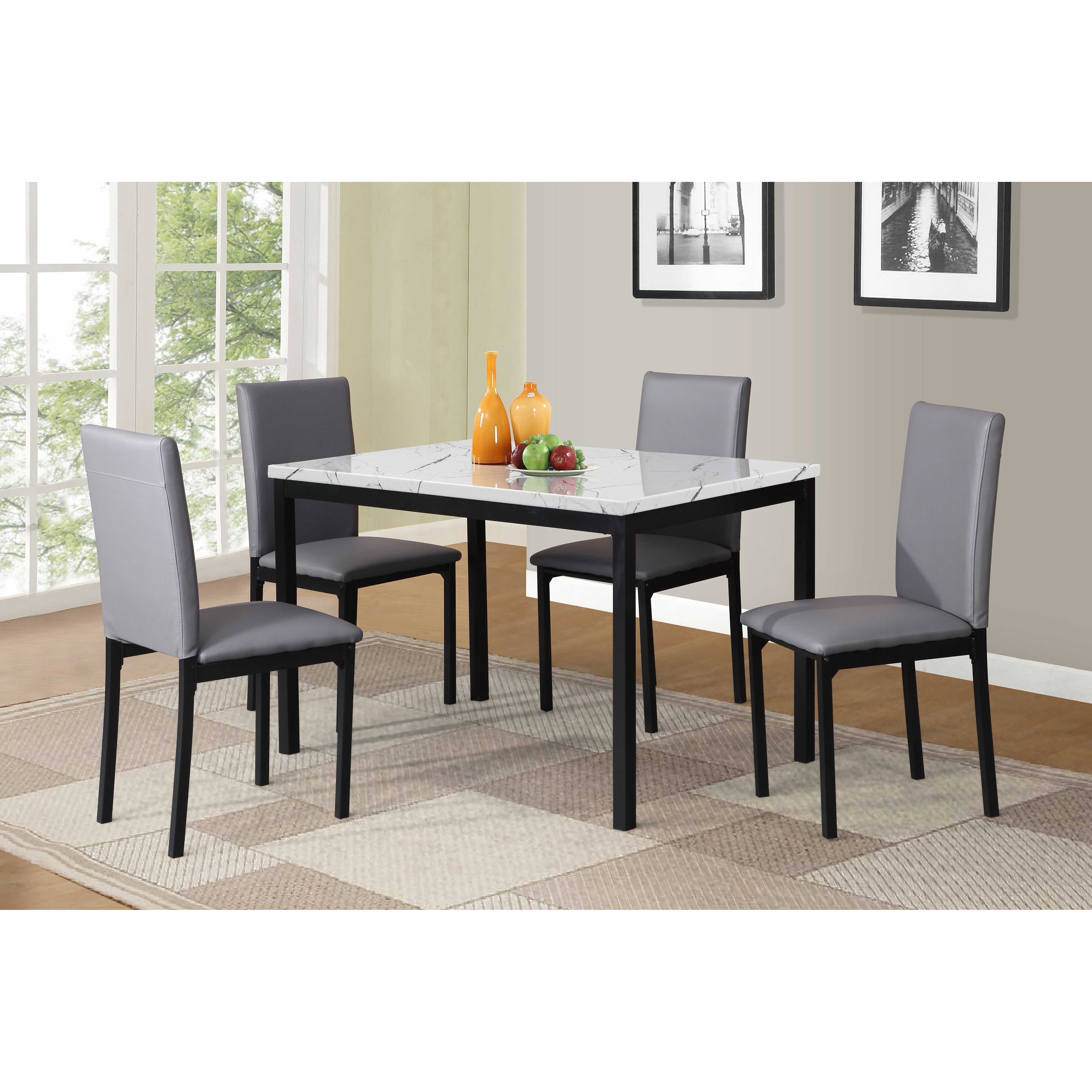 Roundhill Furniture Citico 5-Piece Metal Dinette Set with Laminated Faux Marble Top - White Dining Table & Gray Chairs for Kitchen, Breakfast Nook or Small Space Dining