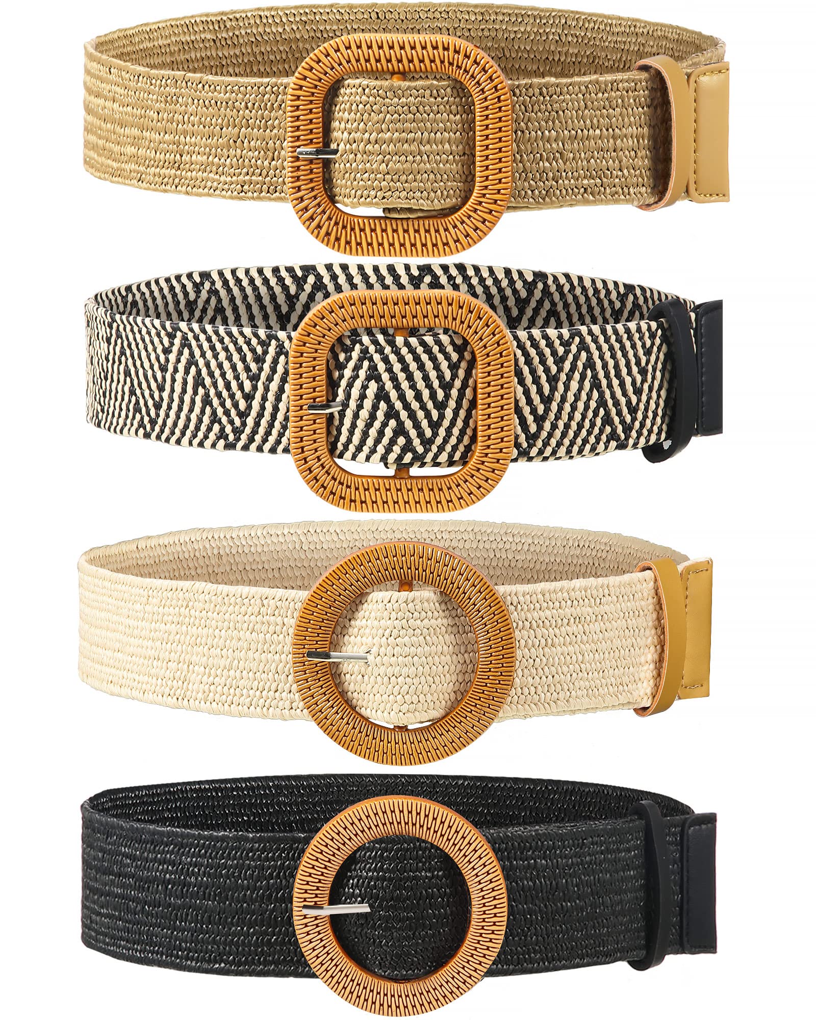 4 Pack Straw Woven Belt - Elastic Stretch Rattan Waist Belt for Women - Skinny Raffia Dress Belt with Wooden Buckle - Perfect for Boho Outfits, Summer Dresses & Beach Weddings