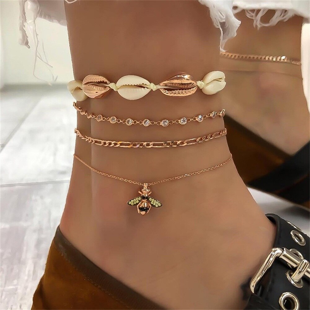 Elegant Women's Beach Anklet with Shell Weave & Diamond Bee Pendant - Multi-Layer Foot Jewelry for Summer Vacations, Pool Parties & Boho Fashion